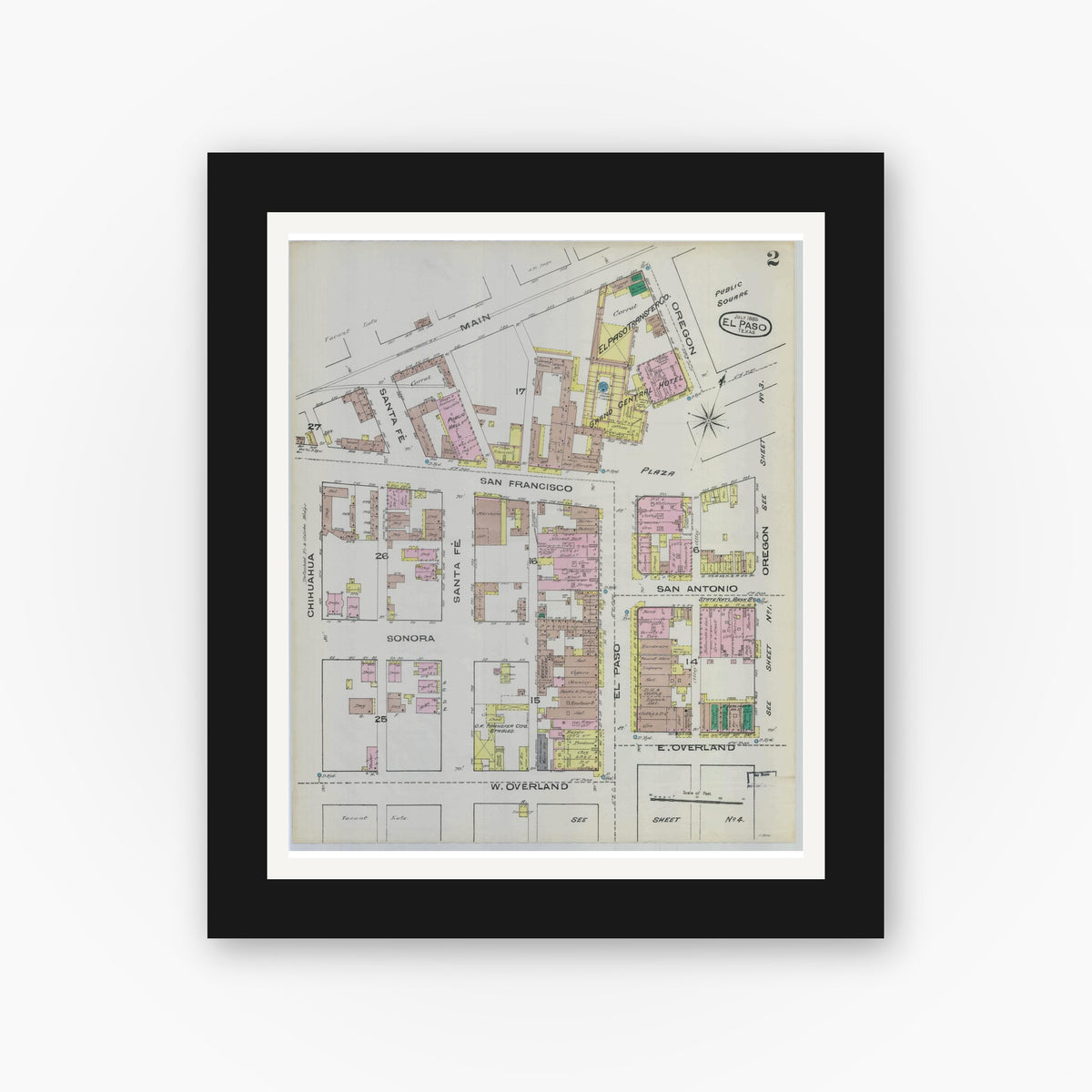 Old map wall art mockup — black gallery frame with white mat — Sanborn Fire Insurance Map from El Paso, El Paso County, Texas (1885), Sheet #0002