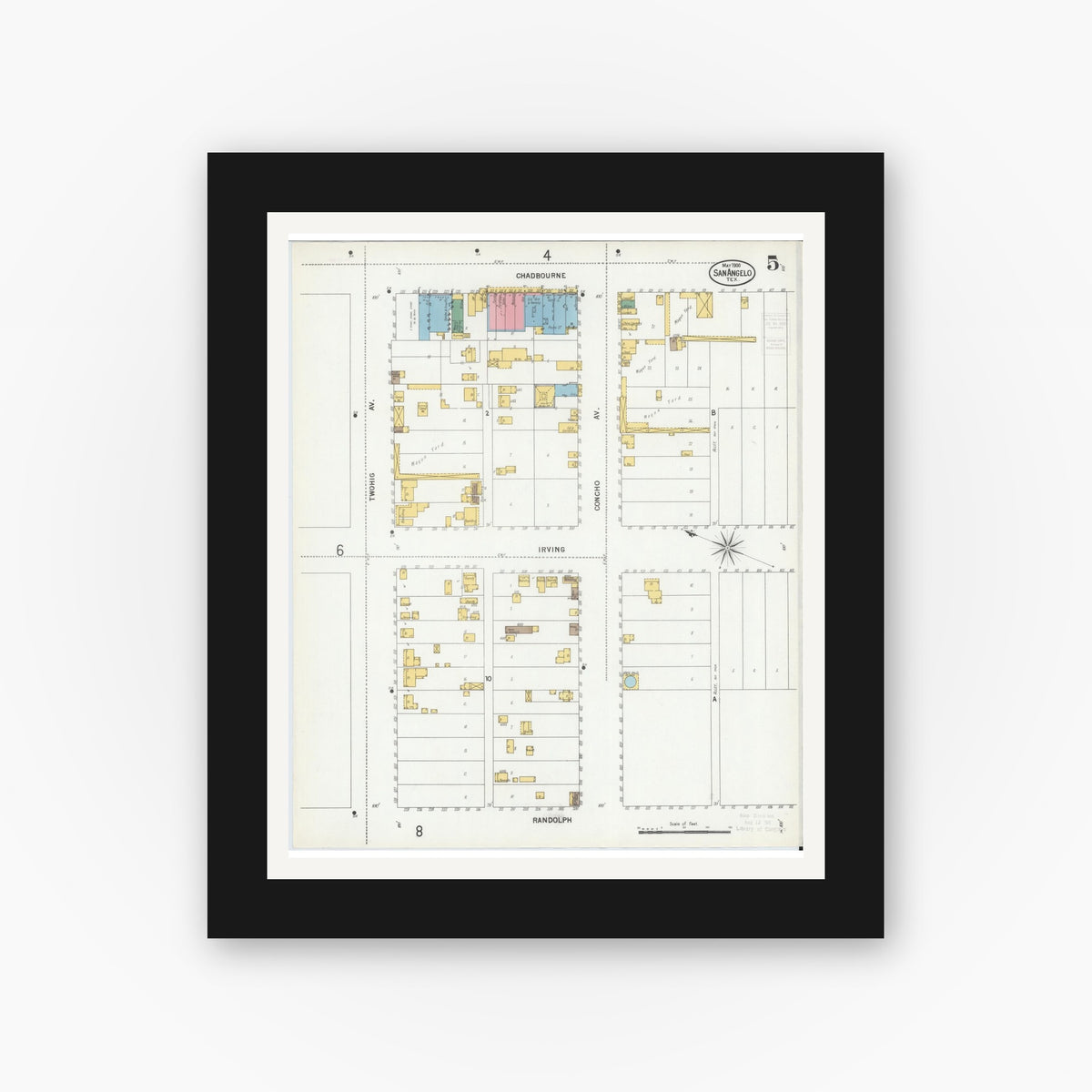 Old map wall art mockup — black gallery frame with white mat — Sanborn Fire Insurance Map from San Angelo, Tom Green County, Texas (1900), Sheet #0005