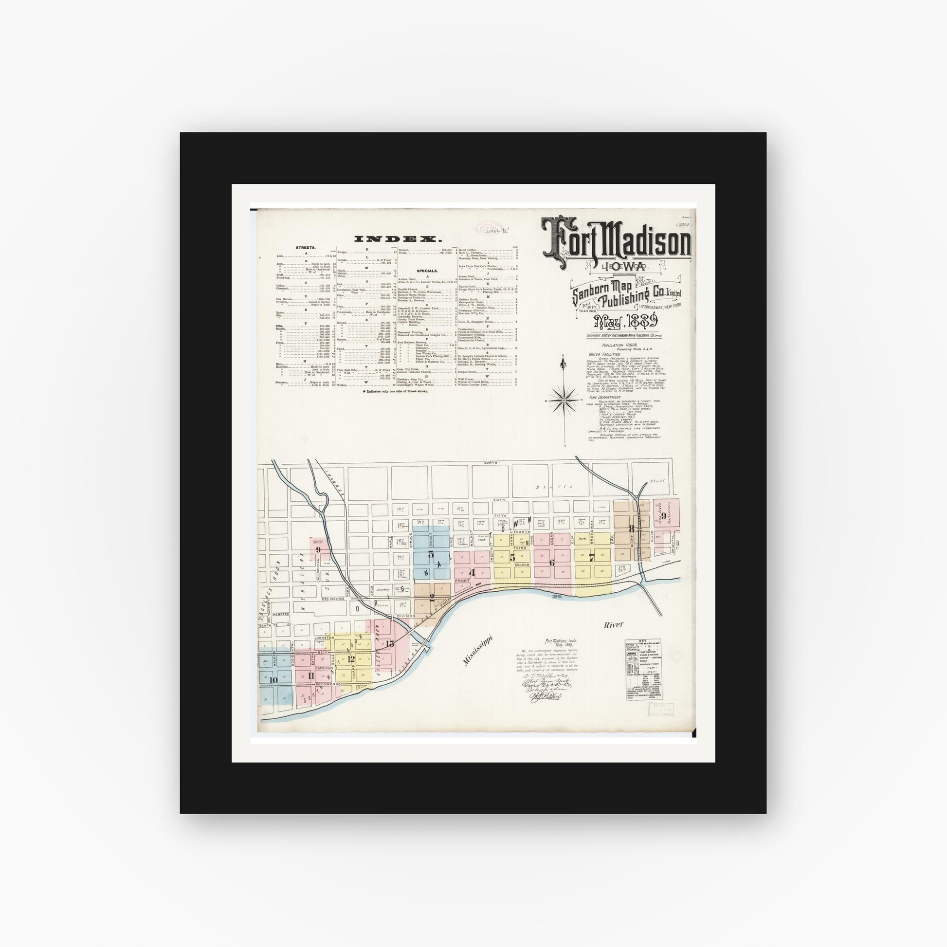 Old map wall art mockup — black gallery frame with white mat — Sanborn Fire Insurance Map from Fort Madison, Lee County, Iowa (1889) â€” Complete Set