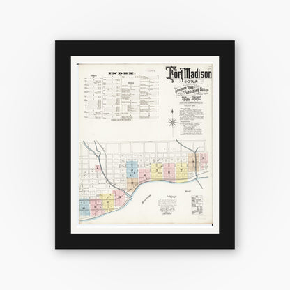 Old map wall art mockup — black gallery frame with white mat — Sanborn Fire Insurance Map from Fort Madison, Lee County, Iowa (1889) â€” Complete Set