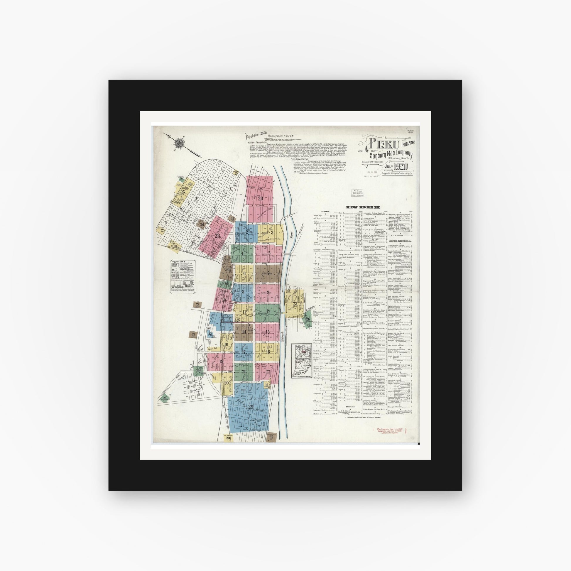 Old map wall art mockup — black gallery frame with white mat — Sanborn Fire Insurance Map from Peru, Miami County, Indiana (1920) - Complete Map Set