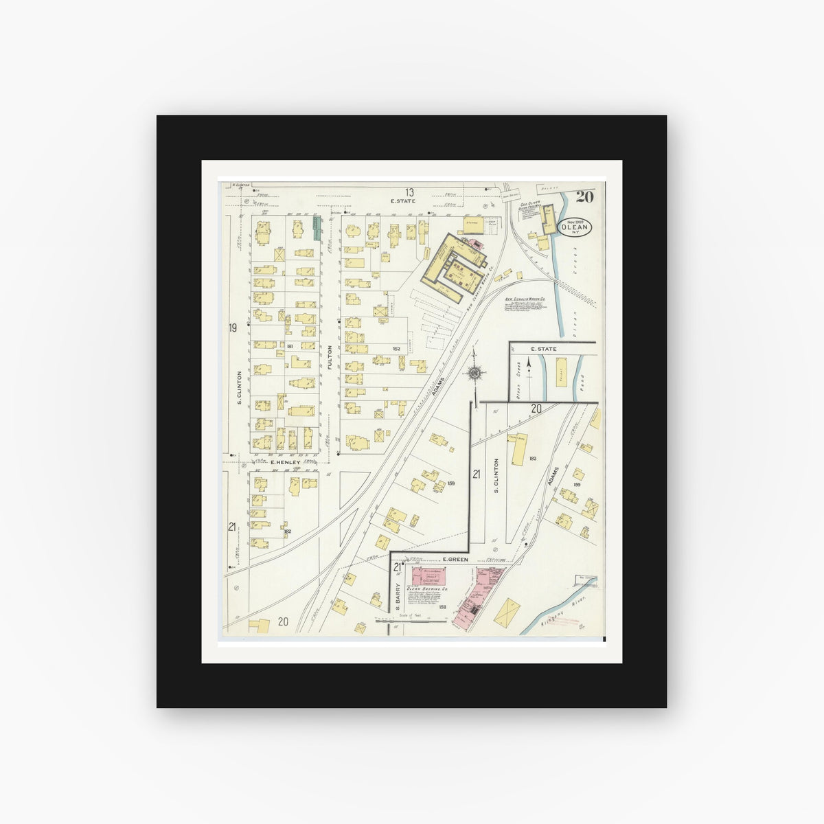 Old map wall art mockup — black gallery frame with white mat — Sanborn Fire Insurance Map from Olean, Cattaraugus County, New York (1909), Sheet #0020