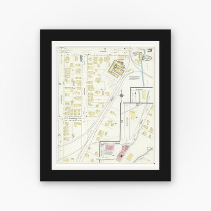 Old map wall art mockup — black gallery frame with white mat — Sanborn Fire Insurance Map from Olean, Cattaraugus County, New York (1909), Sheet #0020