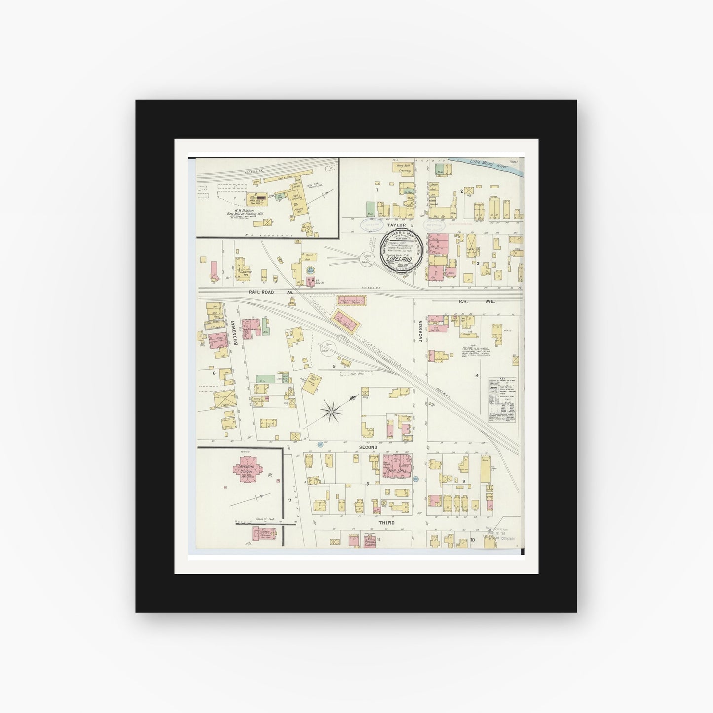 Old map wall art mockup — black gallery frame with white mat — Sanborn Fire Insurance Map from Loveland, Clermont, Hamilton, And Warren County, Ohio (1898), Sheet #0001