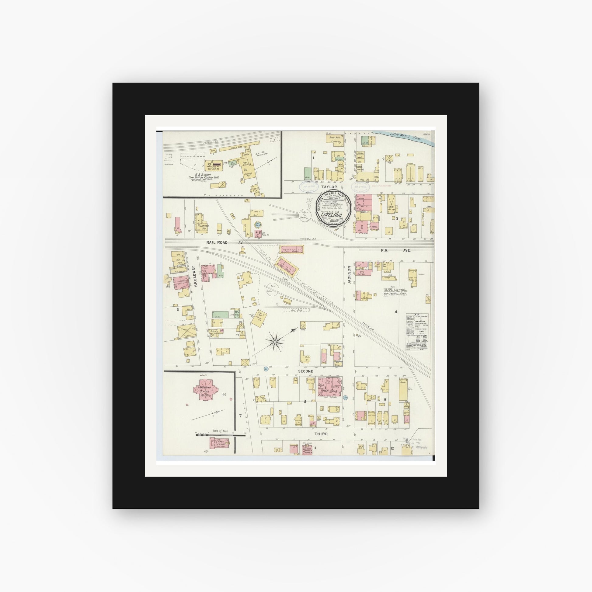 Old map wall art mockup — black gallery frame with white mat — Sanborn Fire Insurance Map from Loveland, Clermont, Hamilton, And Warren County, Ohio (1898), Sheet #0001