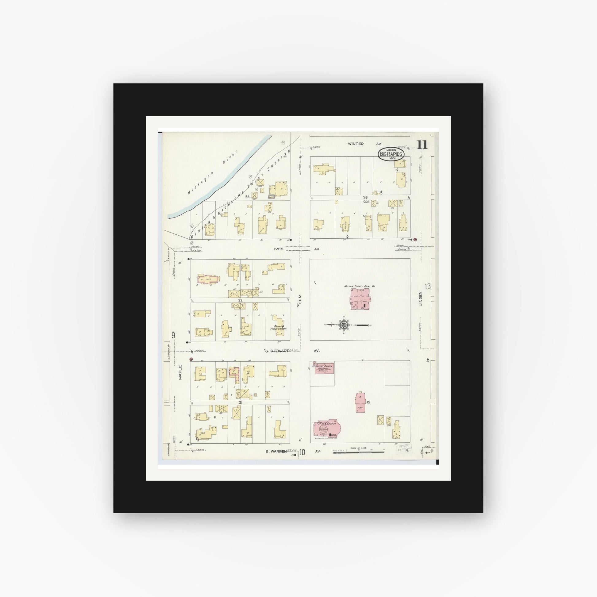 Old map wall art mockup — black gallery frame with white mat — Sanborn Fire Insurance Map from Big Rapids, Mecosta County, Michigan (1914), Sheet #0011