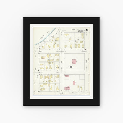 Old map wall art mockup — black gallery frame with white mat — Sanborn Fire Insurance Map from Big Rapids, Mecosta County, Michigan (1914), Sheet #0011
