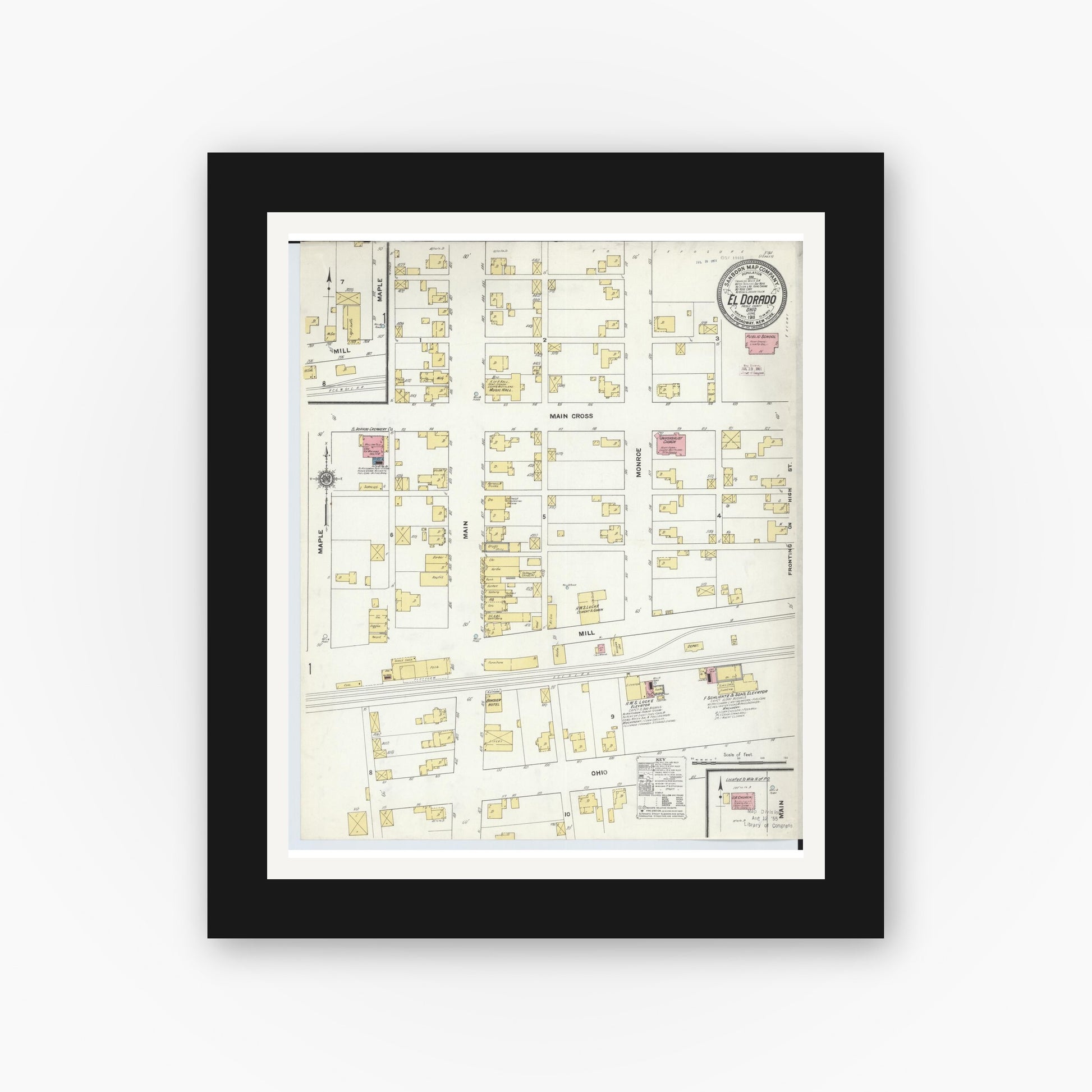 Old map wall art mockup — black gallery frame with white mat — Sanborn Fire Insurance Map from El Dorado, Preble County, Ohio (1911), Sheet #0001
