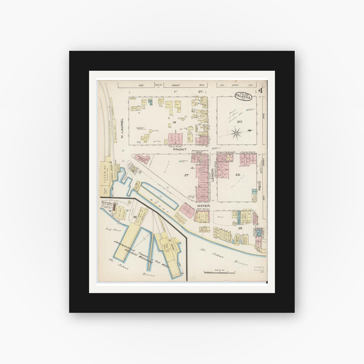 Old map wall art mockup — black gallery frame with white mat — Sanborn Fire Insurance Map from Palatka, Putnam County, Florida (1885), Sheet #0004