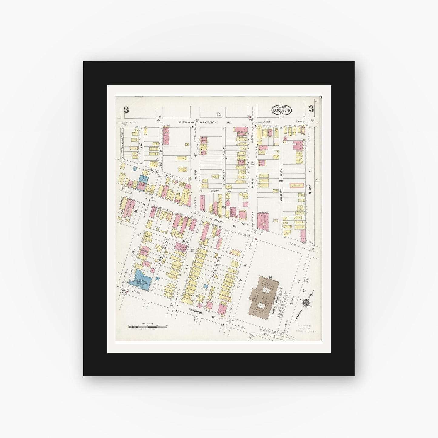 Old map wall art mockup — black gallery frame with white mat — Sanborn Fire Insurance Map from Duquesne, Allegheny County, Pennsylvania (1925), Sheet #0003