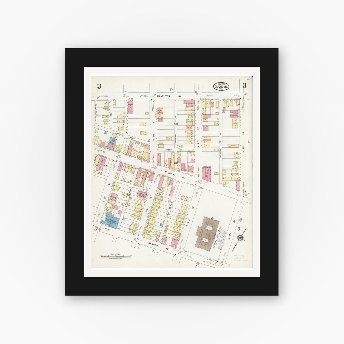 Old map wall art mockup — black gallery frame with white mat — Sanborn Fire Insurance Map from Duquesne, Allegheny County, Pennsylvania (1925), Sheet #0003