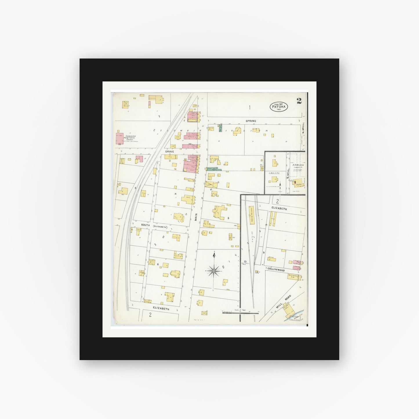 Old map wall art mockup — black gallery frame with white mat — Sanborn Fire Insurance Map from Patoka, Gibson County, Indiana (1907), Sheet #0002