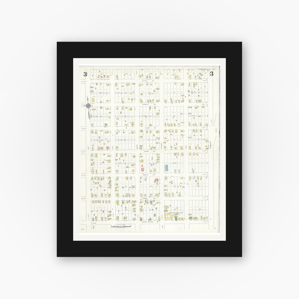 Old map wall art mockup — black gallery frame with white mat — Sanborn Fire Insurance Map from Hebbronville, Jim Hogg County, Texas (1934), Sheet #0003