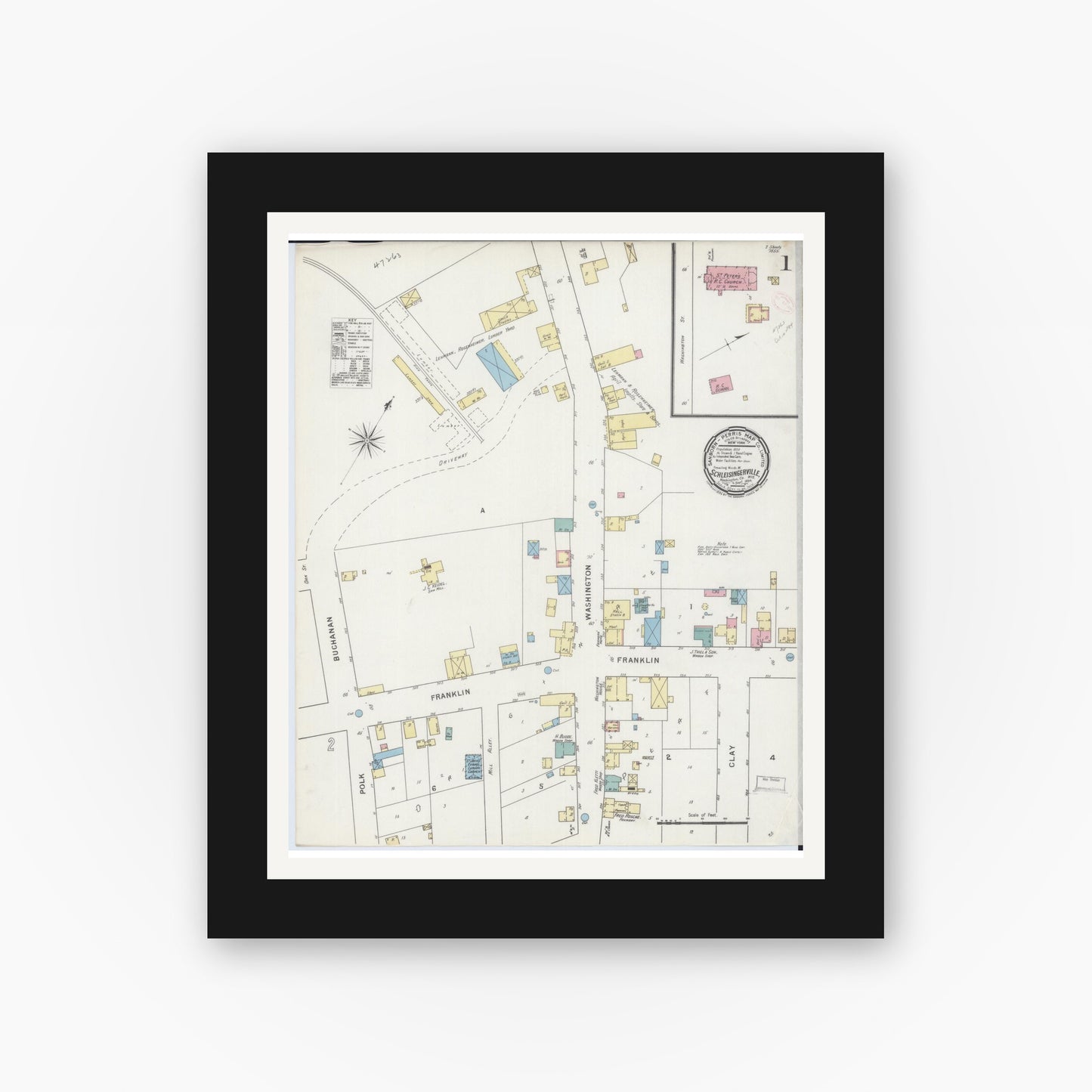 Old map wall art mockup — black gallery frame with white mat — Sanborn Fire Insurance Map from Schleisingerville, Washington County, Wisconsin (1894) - Complete Map Set