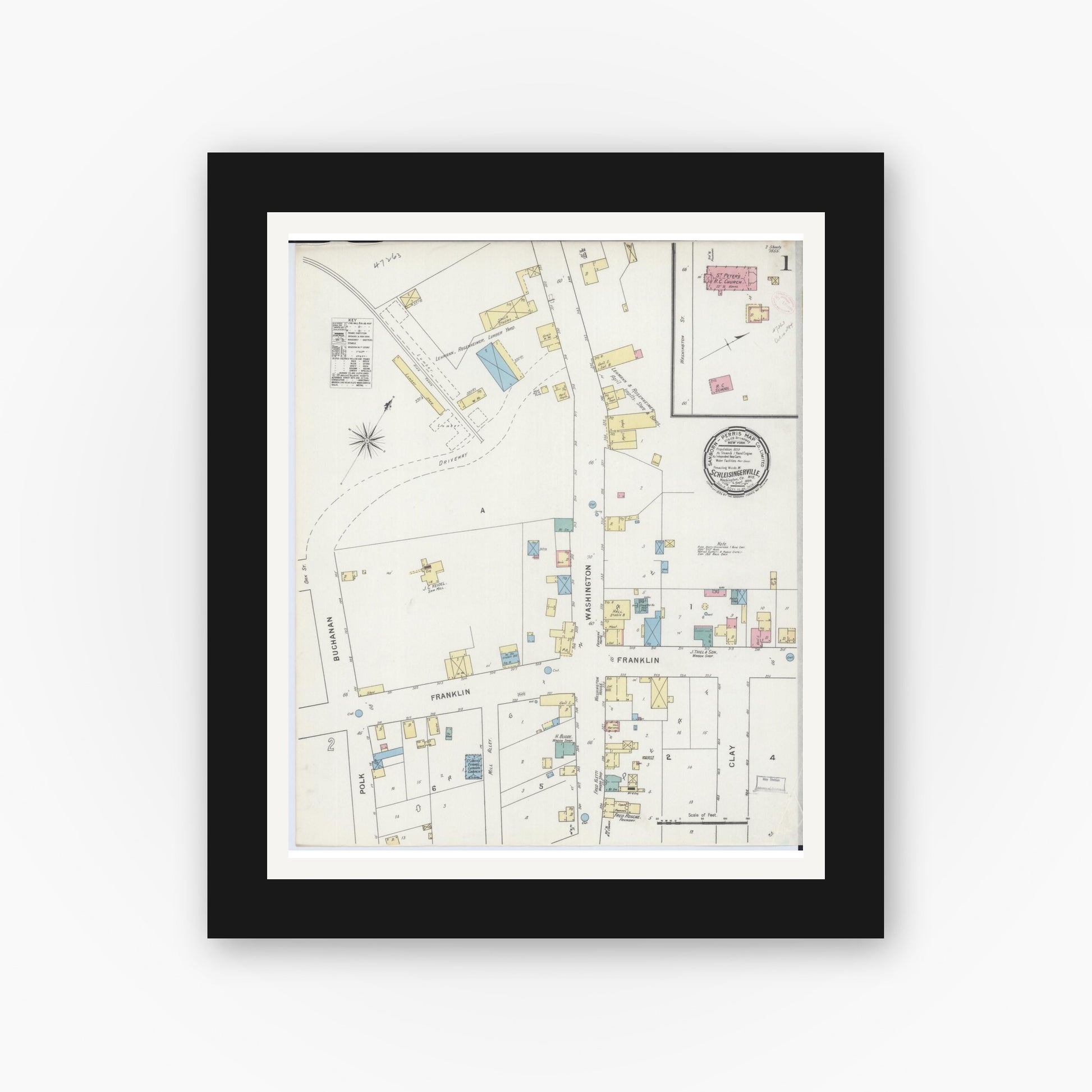 Old map wall art mockup — black gallery frame with white mat — Sanborn Fire Insurance Map from Schleisingerville, Washington County, Wisconsin (1894) - Complete Map Set