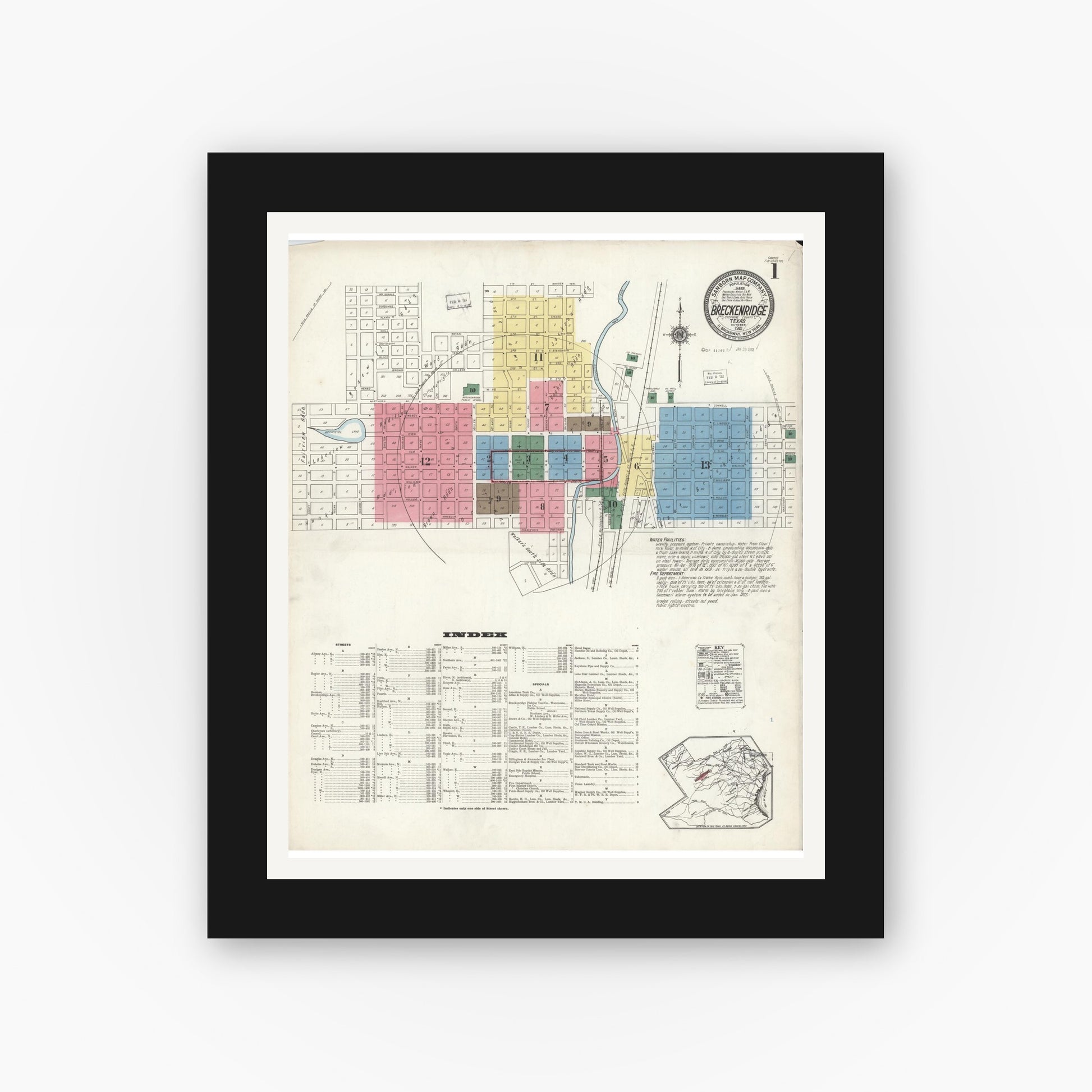 Old map wall art mockup — black gallery frame with white mat — Sanborn Fire Insurance Map from Breckenridge, Stephens County, Texas (1921), Sheet #0001