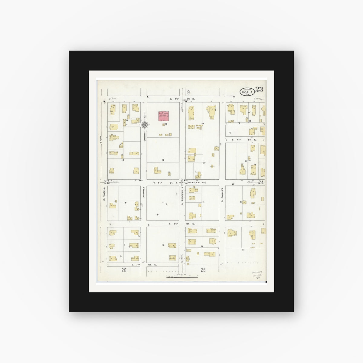 Old map wall art mockup — black gallery frame with white mat — Sanborn Fire Insurance Map from Ocala, Marion County, Florida (1912), Sheet #0023