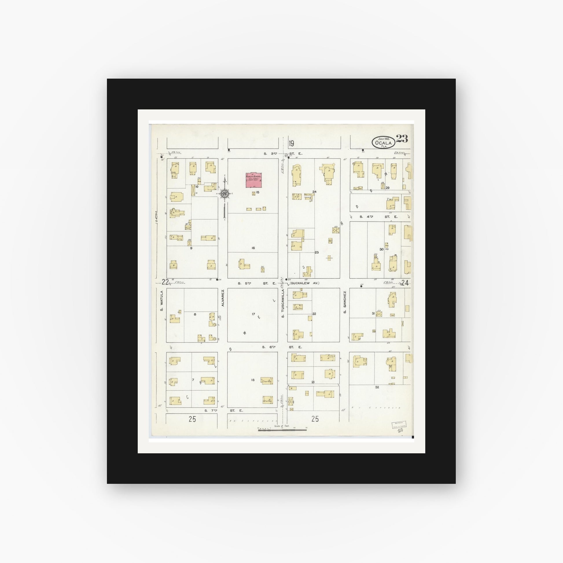 Old map wall art mockup — black gallery frame with white mat — Sanborn Fire Insurance Map from Ocala, Marion County, Florida (1912), Sheet #0023
