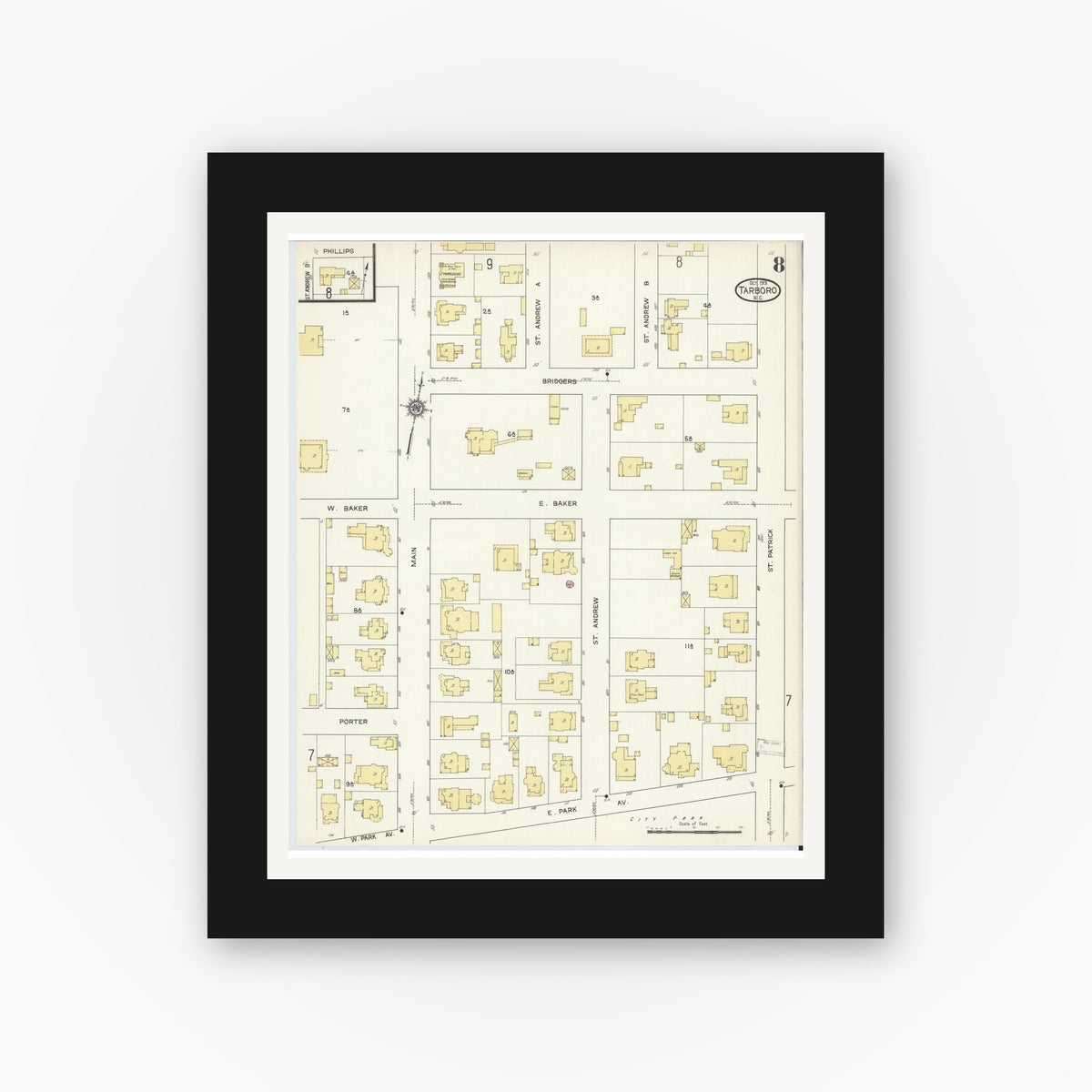 Old map wall art mockup — black gallery frame with white mat — Sanborn Fire Insurance Map from Tarboro, Edgecombe County, North Carolina (1913), Sheet #0008