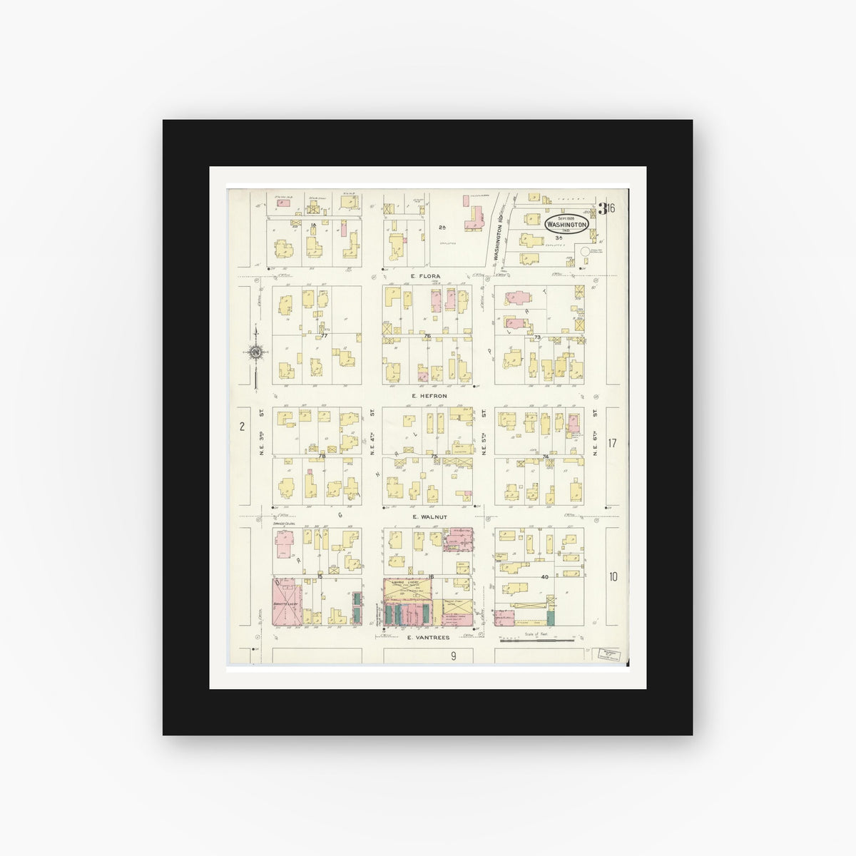 Old map wall art mockup — black gallery frame with white mat — Sanborn Fire Insurance Map from Washington, Daviess County, Indiana (1909), Sheet #0003
