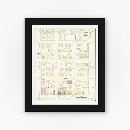 Old map wall art mockup — black gallery frame with white mat — Sanborn Fire Insurance Map from Washington, Daviess County, Indiana (1909), Sheet #0003