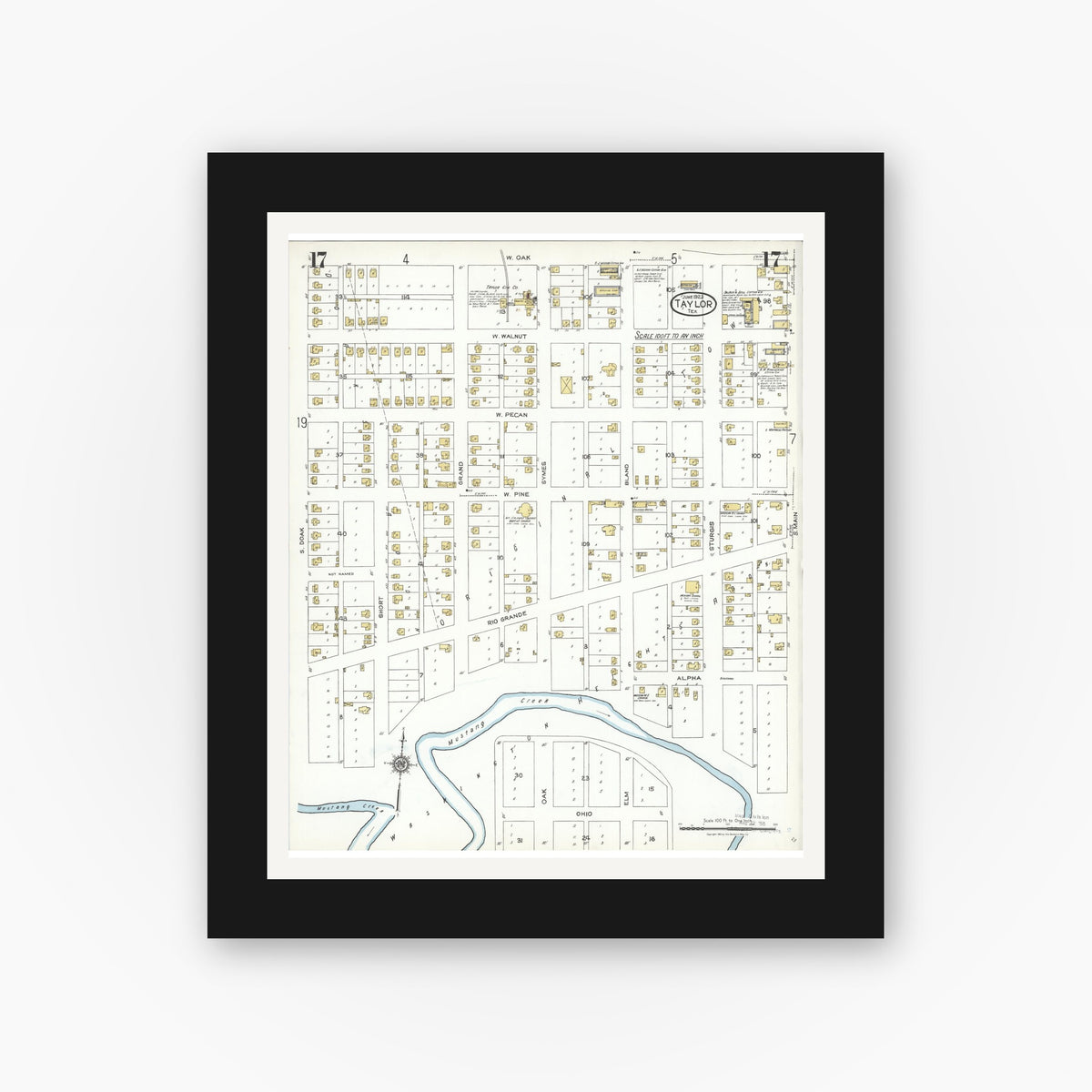 Old map wall art mockup — black gallery frame with white mat — Sanborn Fire Insurance Map from Taylor, Williamson County, Texas (1923), Sheet #0017