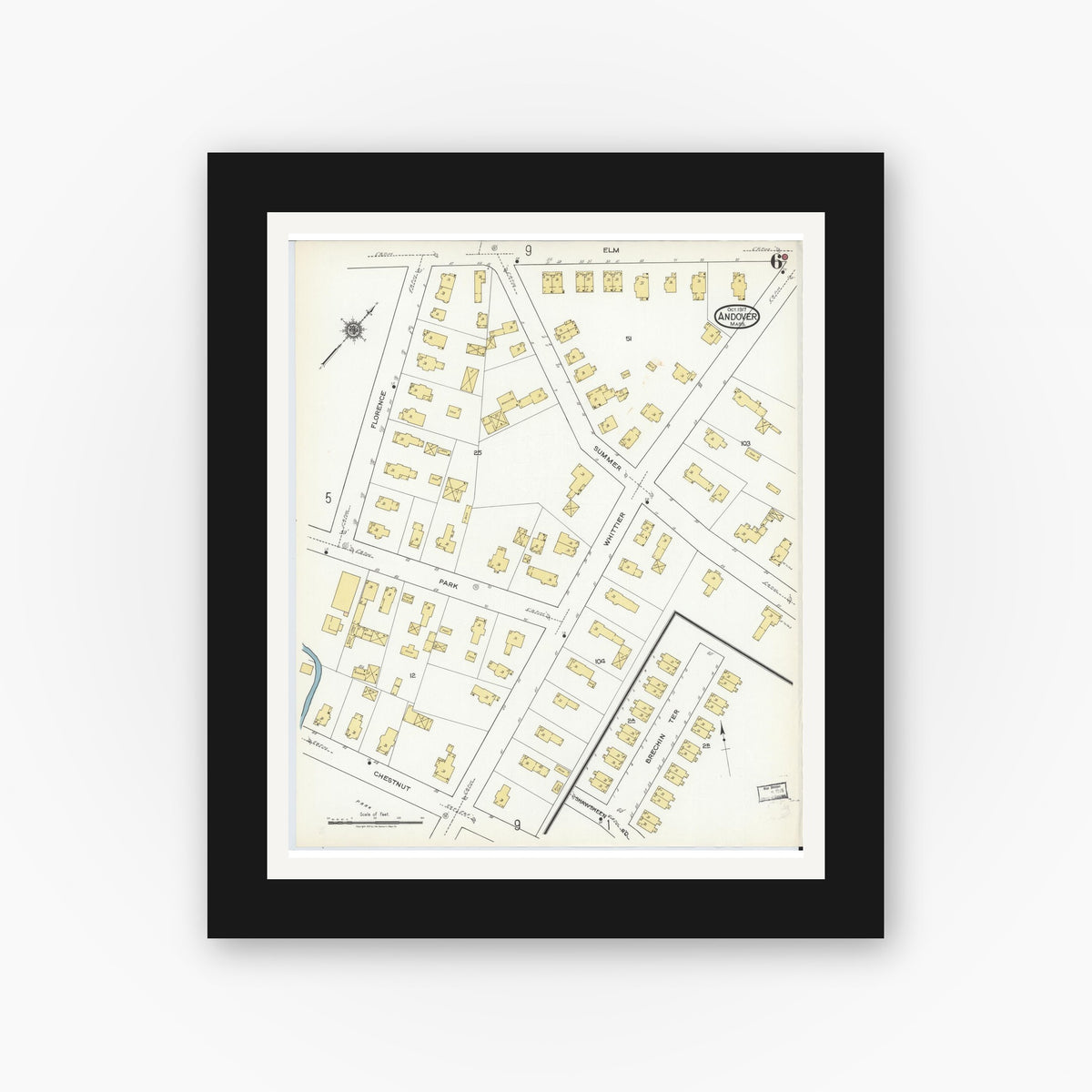 Old map wall art mockup — black gallery frame with white mat — Sanborn Fire Insurance Map from Andover, Essex County, Massachusetts (1917), Sheet #0006