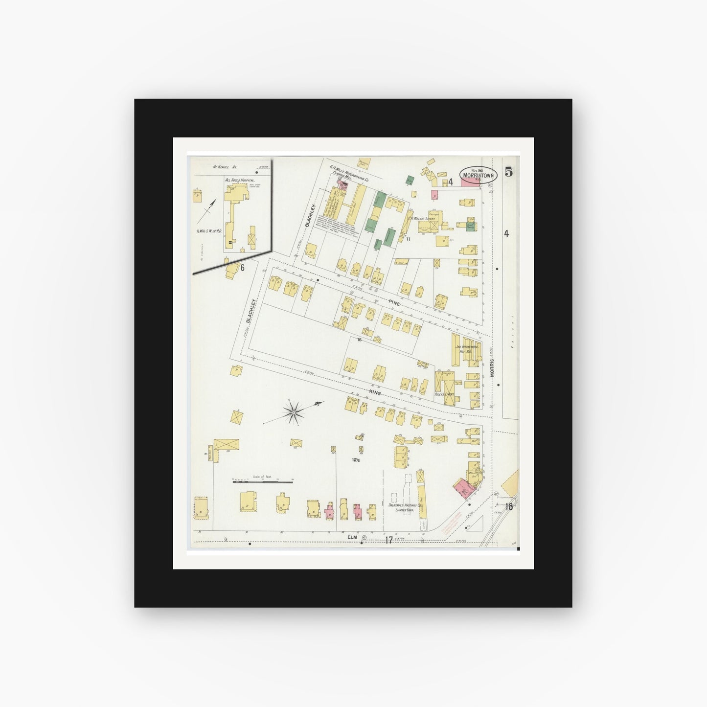 Old map wall art mockup — black gallery frame with white mat — Sanborn Fire Insurance Map from Morristown, Morris County, New Jersey (1901), Sheet #0005