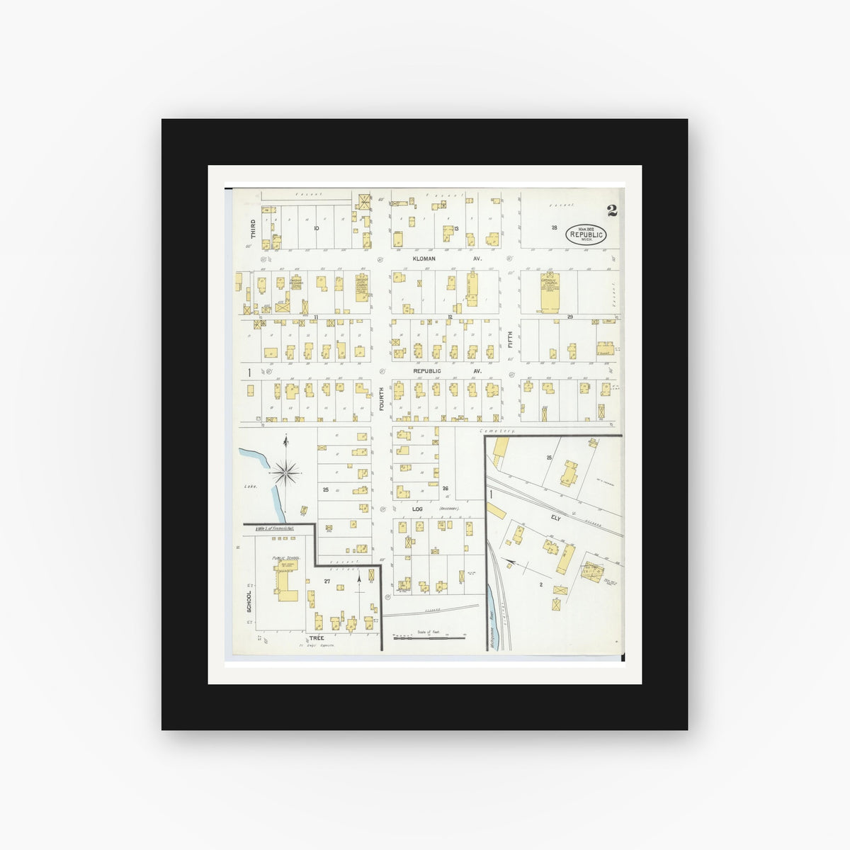 Old map wall art mockup — black gallery frame with white mat — Sanborn Fire Insurance Map from Republic, Marquette County, Michigan (1902), Sheet #0002