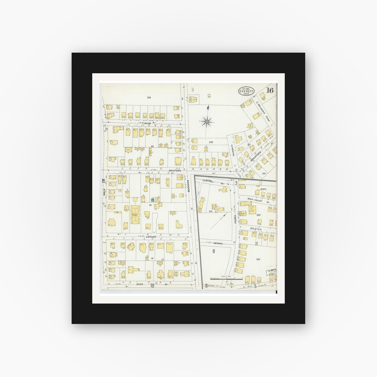 Old map wall art mockup — black gallery frame with white mat — Sanborn Fire Insurance Map from Everett, Middlesex County, Massachusetts (1903), Sheet #0016