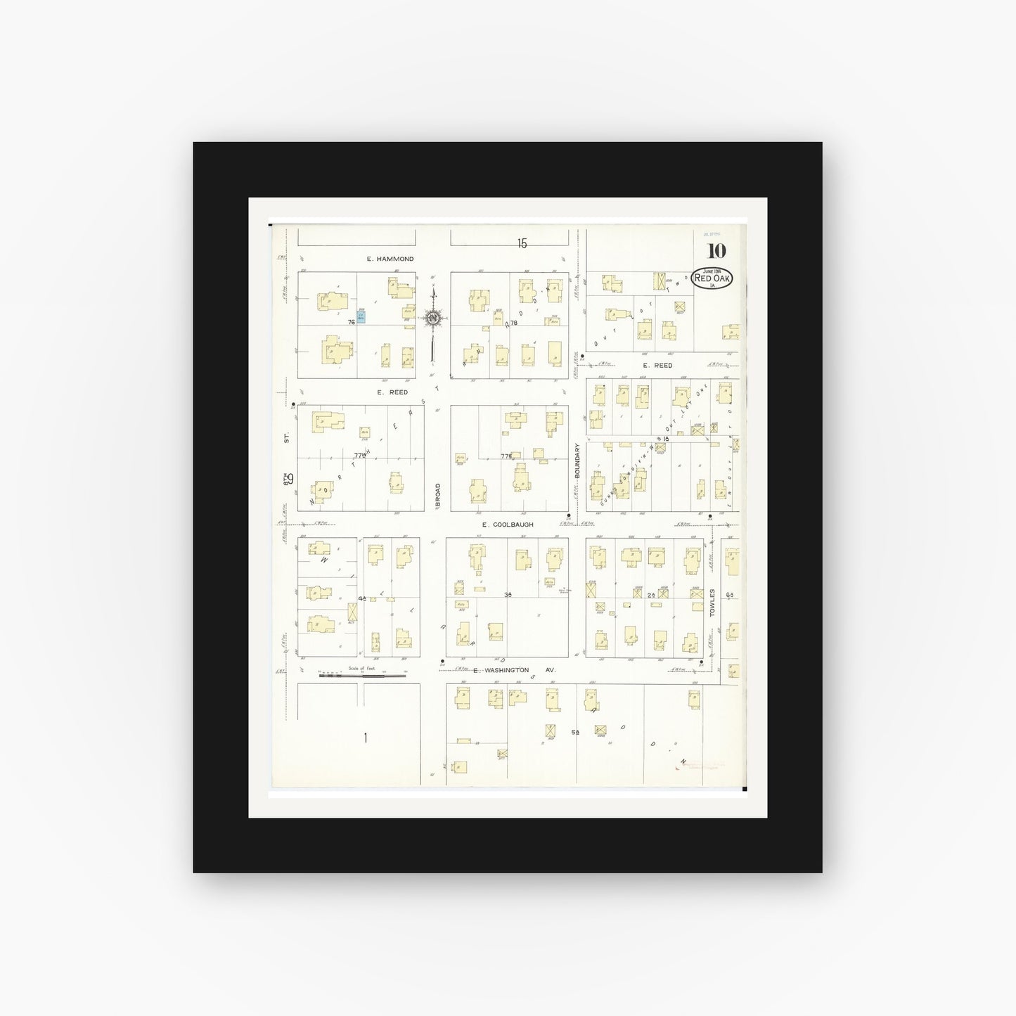 Old map wall art mockup — black gallery frame with white mat — Sanborn Fire Insurance Map from Red Oak, Montgomery County, Iowa (1914), Sheet #0010
