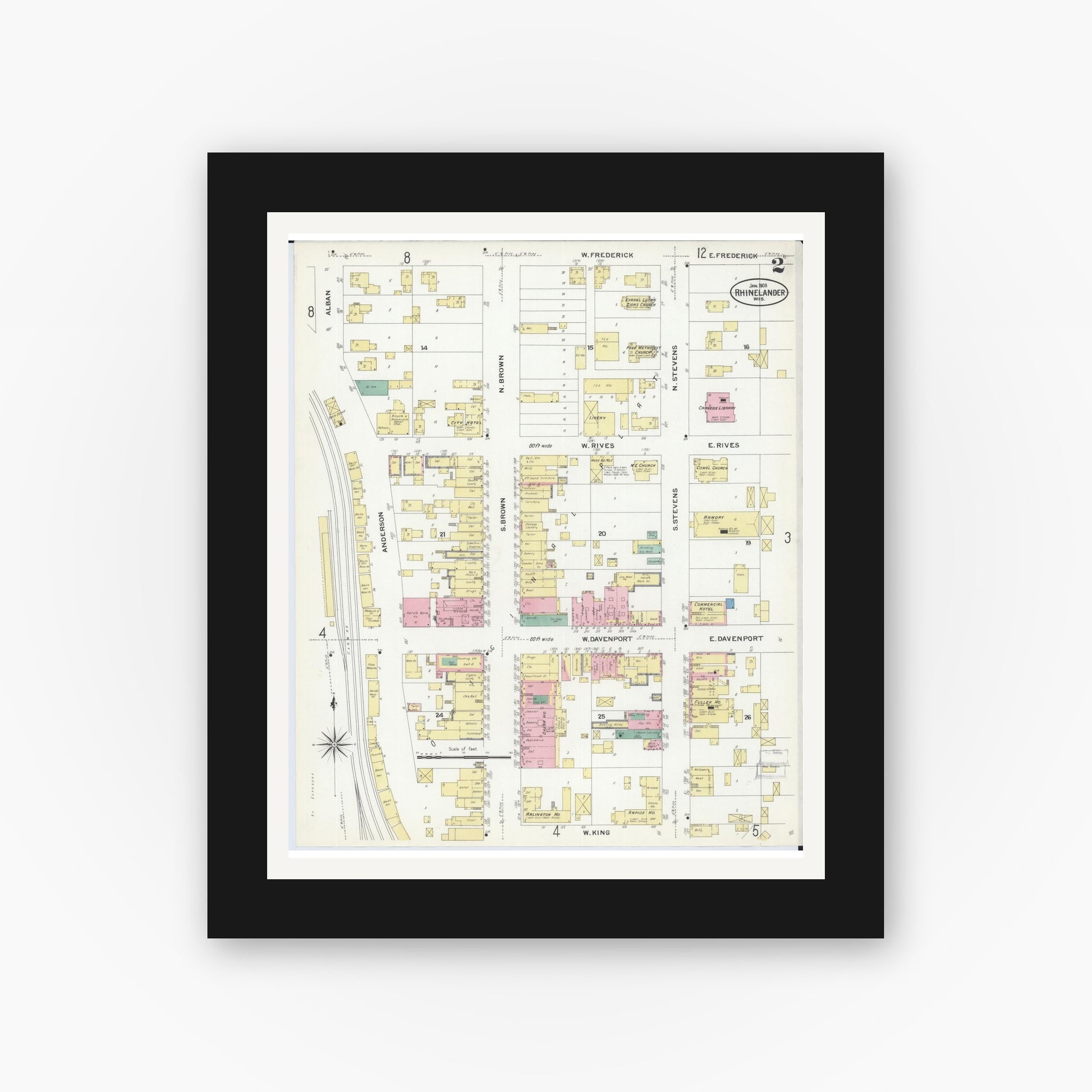 Old map wall art mockup — black gallery frame with white mat — Sanborn Fire Insurance Map from Rhinelander, Oneida County, Wisconsin (1908), Sheet #0002