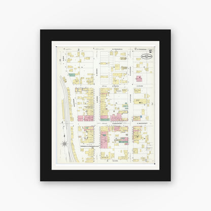 Old map wall art mockup — black gallery frame with white mat — Sanborn Fire Insurance Map from Rhinelander, Oneida County, Wisconsin (1908), Sheet #0002