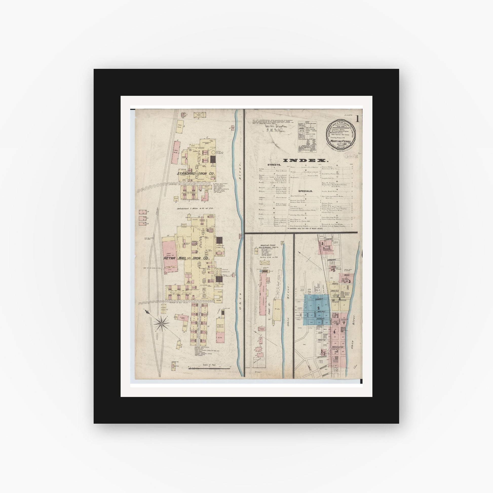 Old map wall art mockup — black gallery frame with white mat — Sanborn Fire Insurance Map from Martins Ferry, Belmont County, Ohio (Unknown) - Complete Map Set