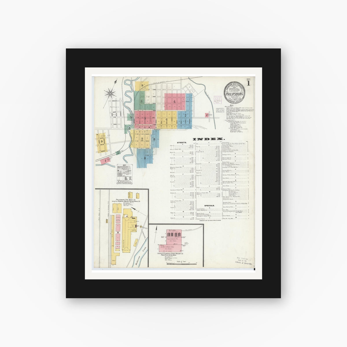 Old map wall art mockup — black gallery frame with white mat — Sanborn Fire Insurance Map from Philipsburg, Centre County, Pennsylvania (1904), Sheet #0001