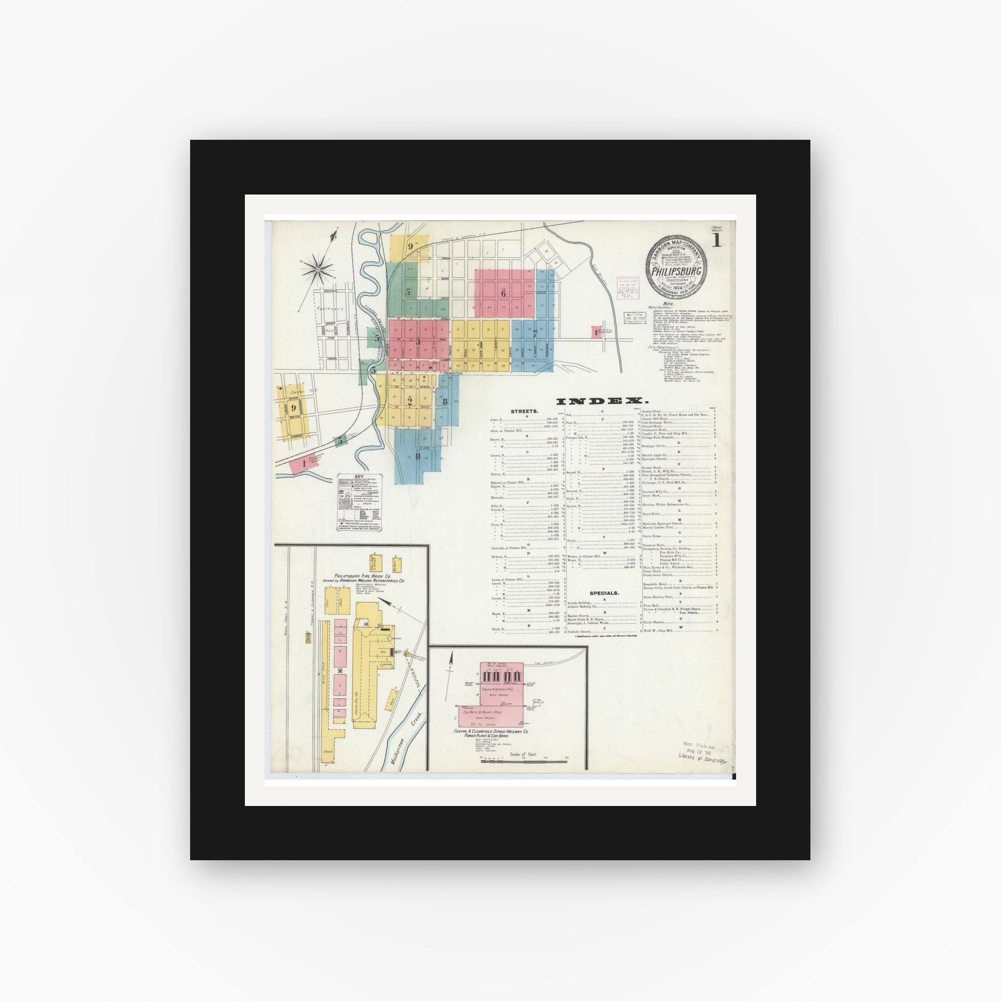 Old map wall art mockup — black gallery frame with white mat — Sanborn Fire Insurance Map from Philipsburg, Centre County, Pennsylvania (1904), Sheet #0001