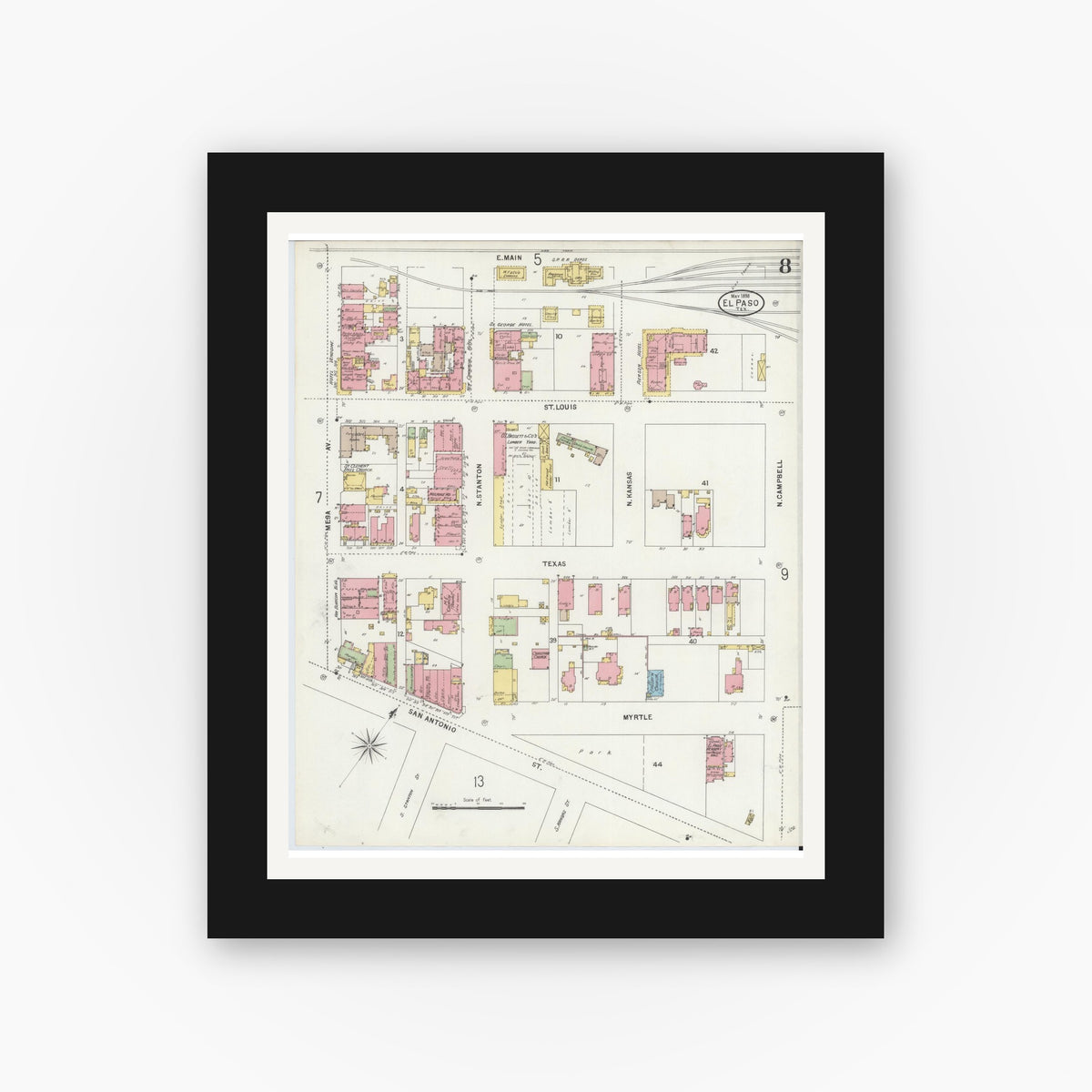 Old map wall art mockup — black gallery frame with white mat — Sanborn Fire Insurance Map from El Paso, El Paso County, Texas (1898), Sheet #0008