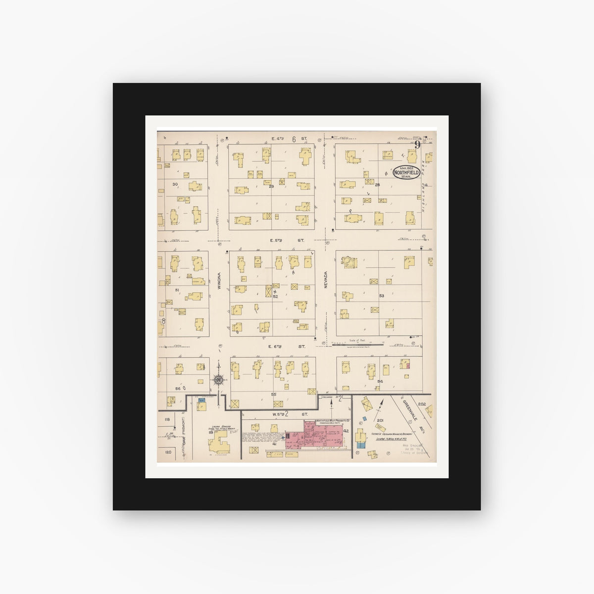 Old map wall art mockup — black gallery frame with white mat — Sanborn Fire Insurance Map from Northfield, Rice County, Minnesota (1922), Sheet #0009