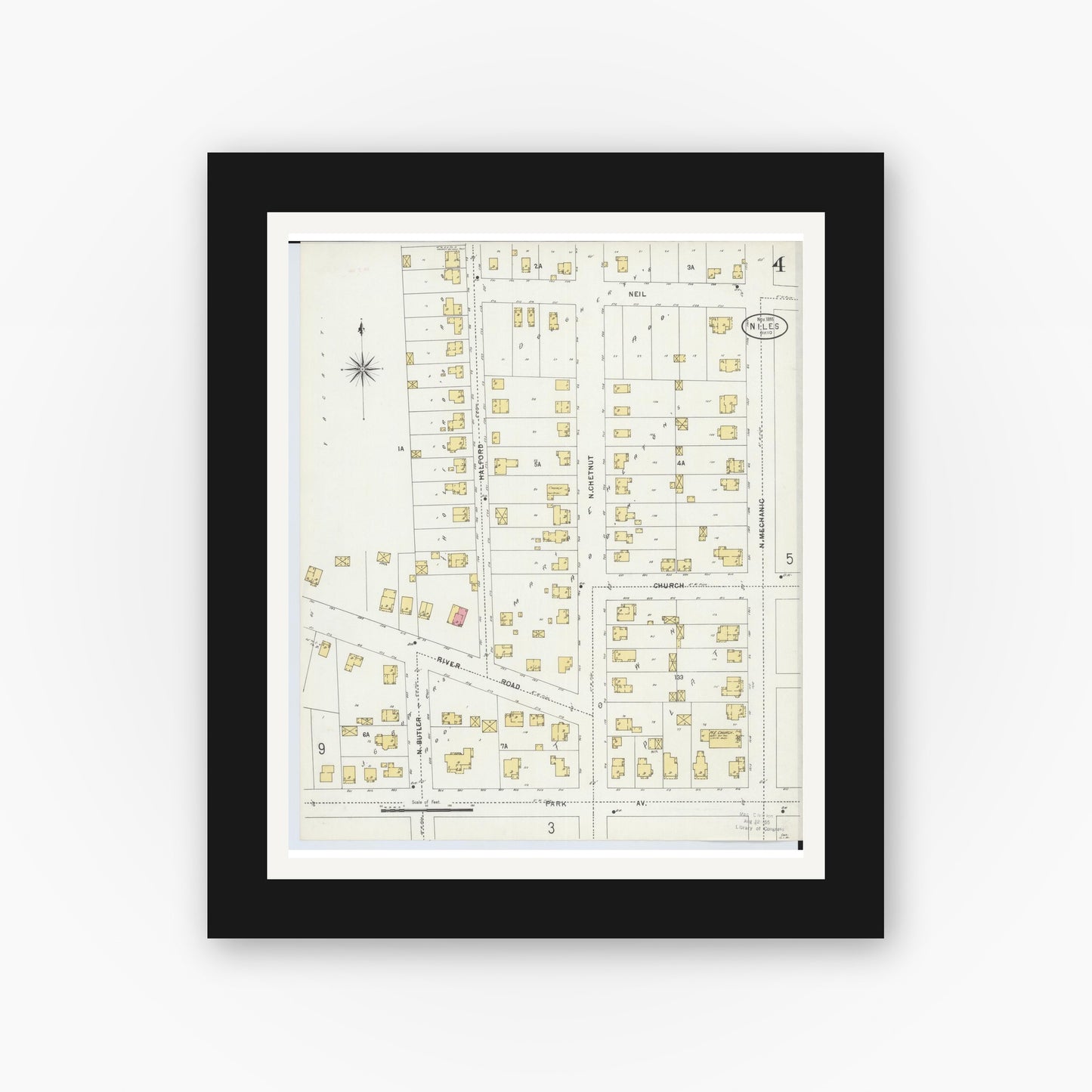 Old map wall art mockup — black gallery frame with white mat — Sanborn Fire Insurance Map from Niles, Trumbull County, Ohio (1898), Sheet #0004