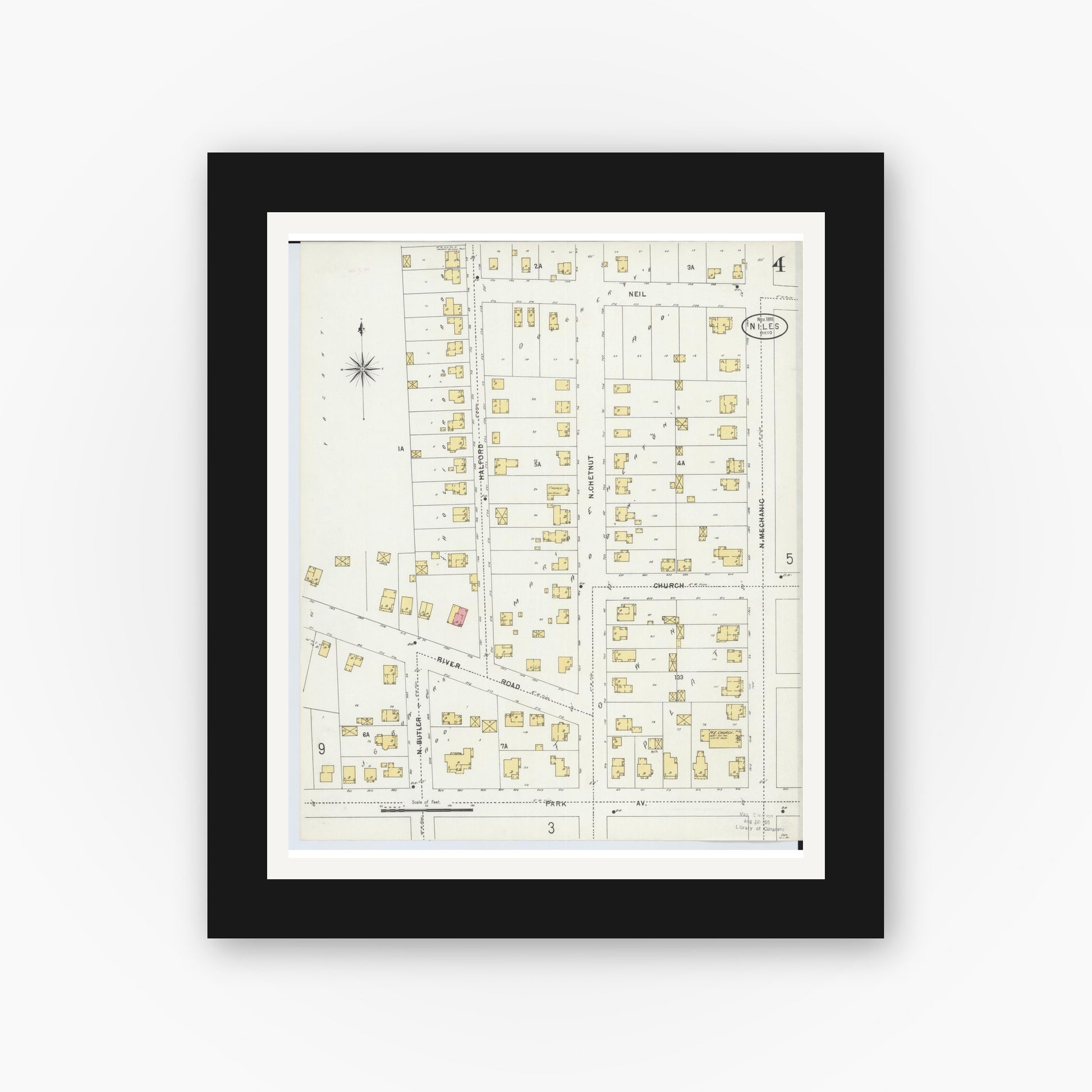 Old map wall art mockup — black gallery frame with white mat — Sanborn Fire Insurance Map from Niles, Trumbull County, Ohio (1898), Sheet #0004