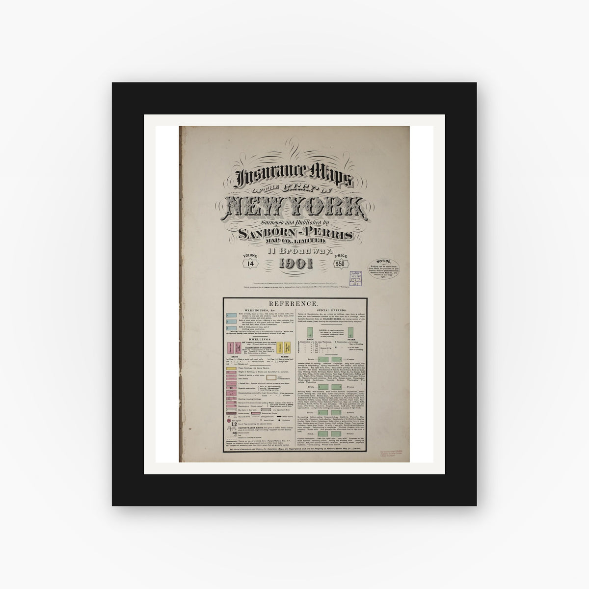 Old map wall art mockup — black gallery frame with white mat — Sanborn Fire Insurance Map from New York, Bronx, Manhattan, New York (1901), Sheet #0001