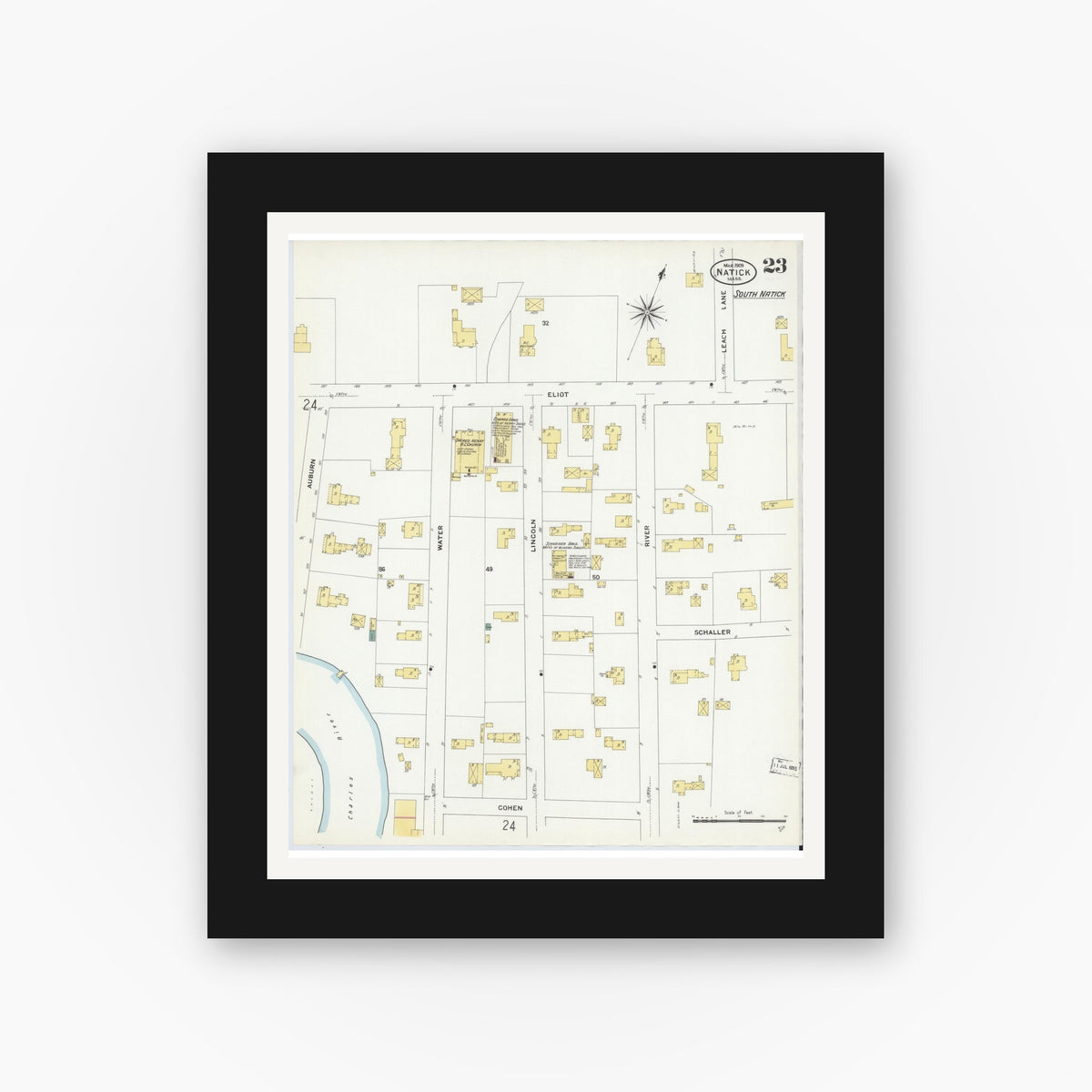 Old map wall art mockup — black gallery frame with white mat — Sanborn Fire Insurance Map from Natick, Middlesex County, Massachusetts (1909), Sheet #0023