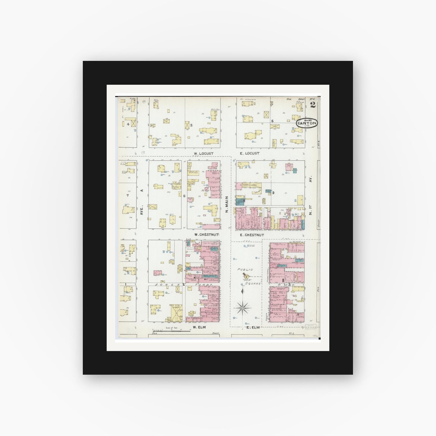 Old map wall art mockup — black gallery frame with white mat — Sanborn Fire Insurance Map from Canton, Fulton County, Illinois (1891), Sheet #0002