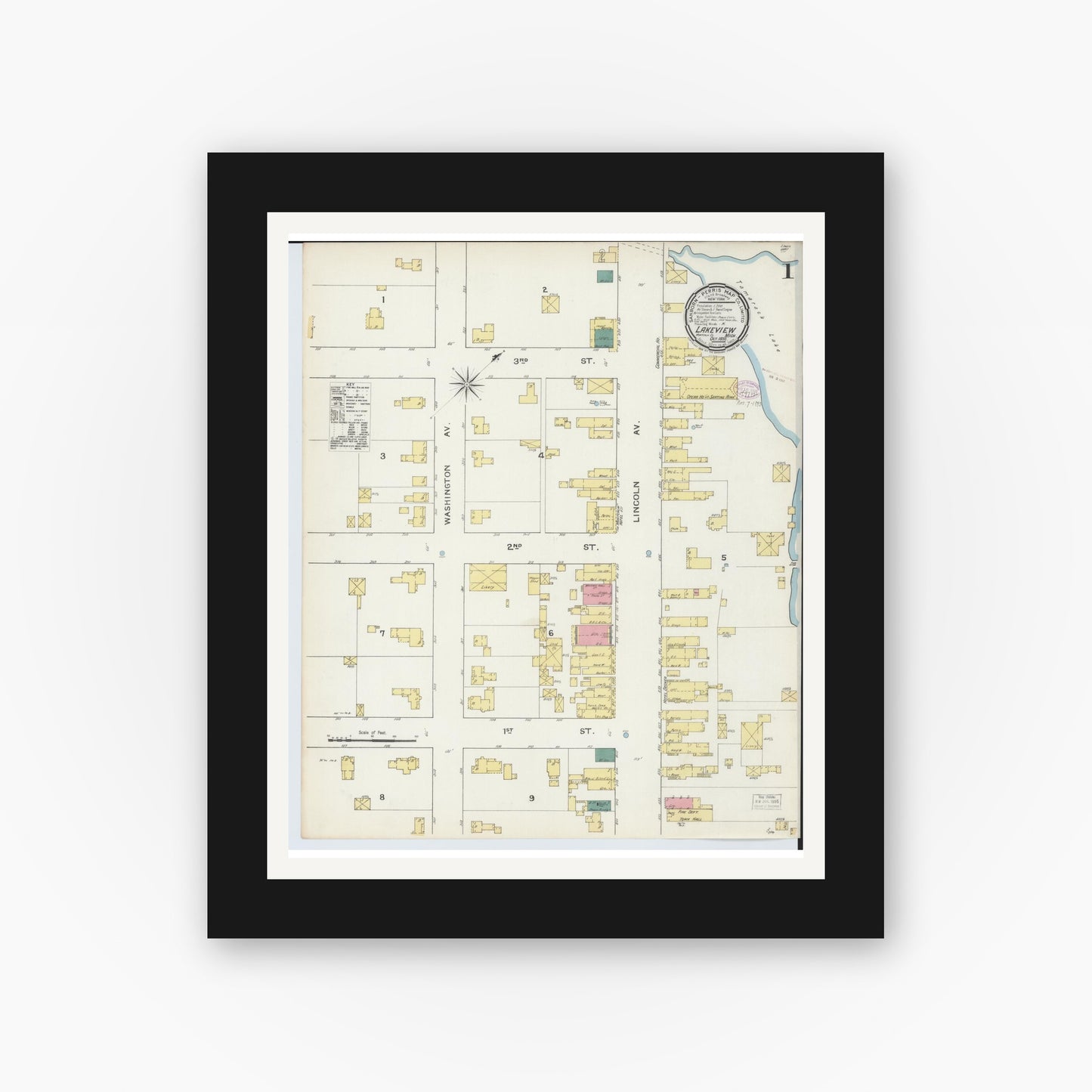 Old map wall art mockup — black gallery frame with white mat — Sanborn Fire Insurance Map from Lakeview, Montcalm County, Michigan (1893) - Complete Map Set