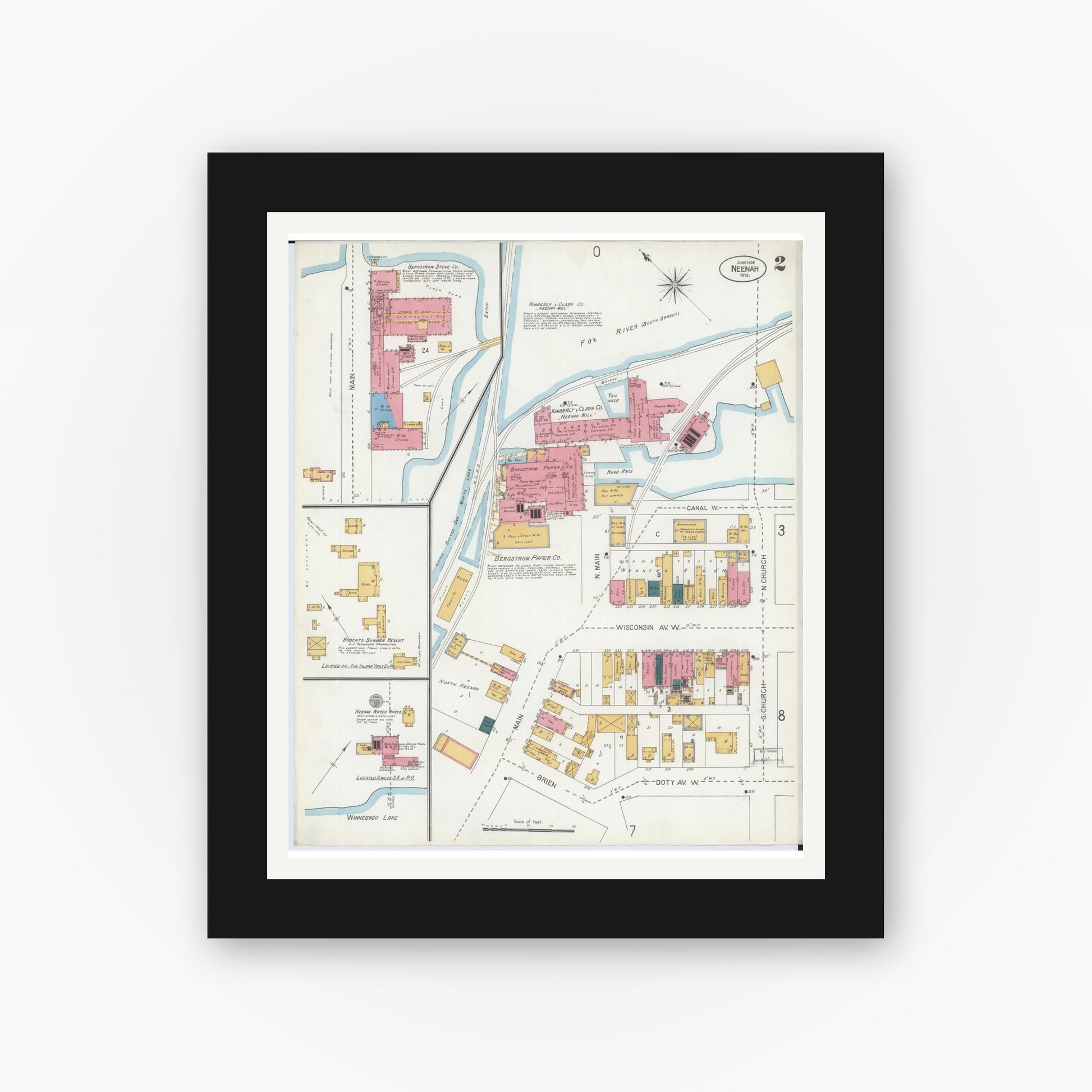 Old map wall art mockup — black gallery frame with white mat — Sanborn Fire Insurance Map from Neenah, Winnebago County, Wisconsin (1906), Sheet #0002