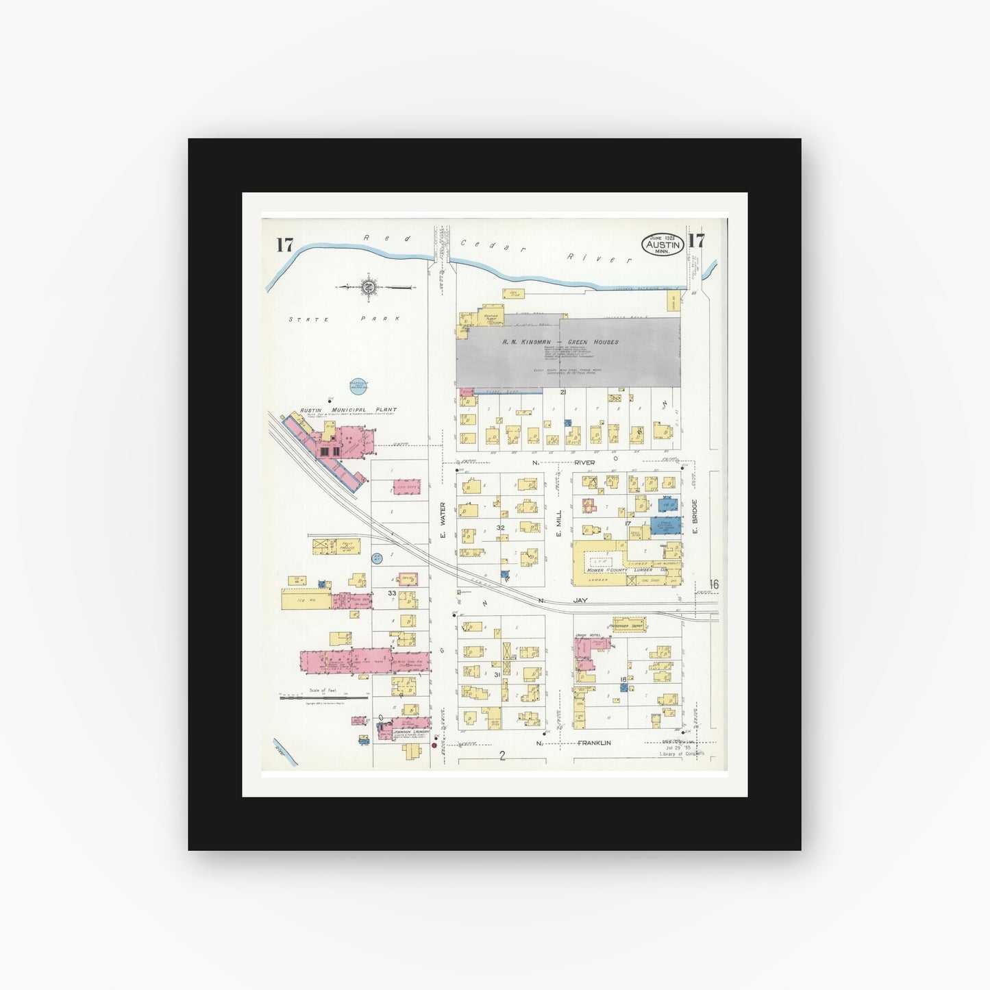 Old map wall art mockup — black gallery frame with white mat — Sanborn Fire Insurance Map from Austin, Mower County, Minnesota (1926), Sheet #0017
