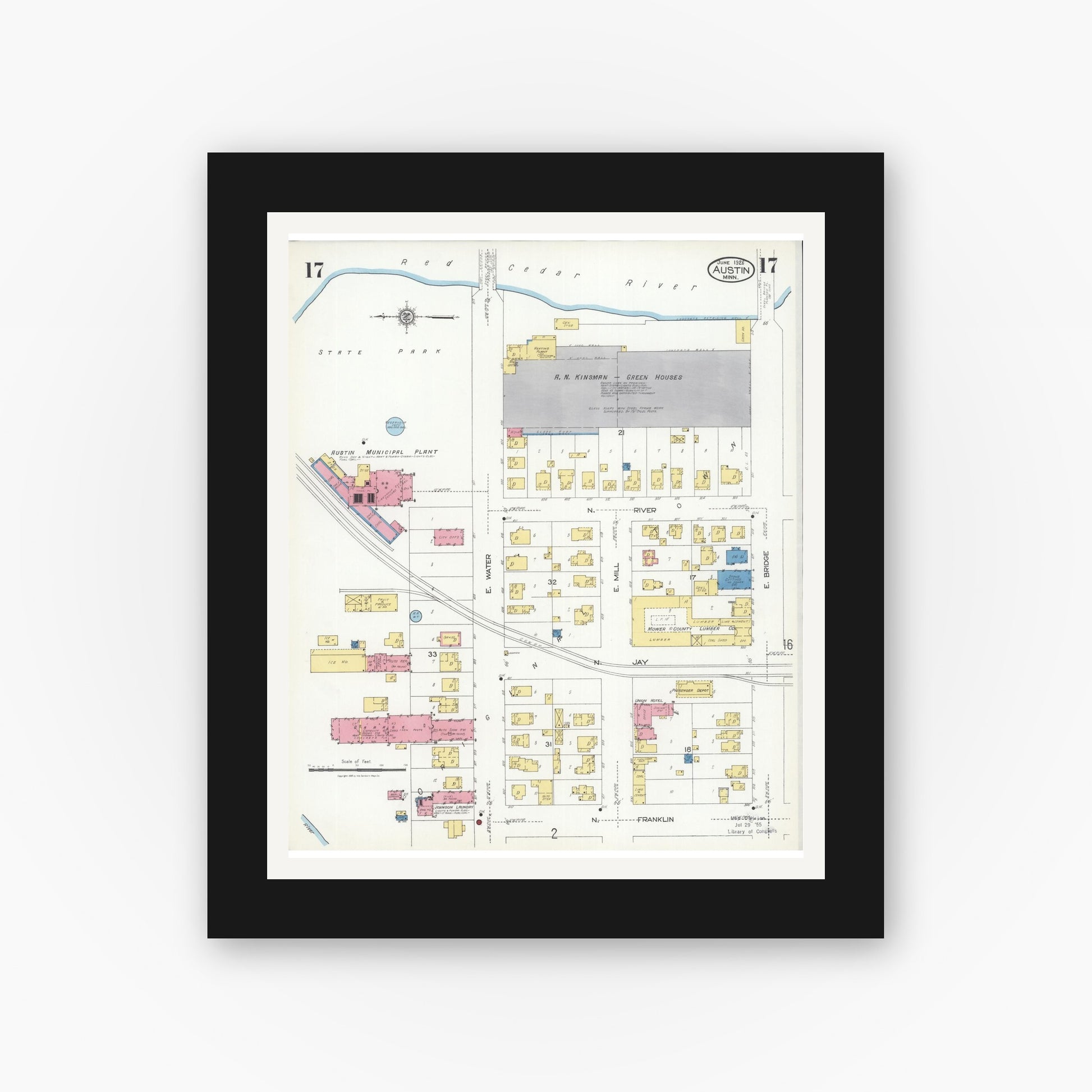 Old map wall art mockup — black gallery frame with white mat — Sanborn Fire Insurance Map from Austin, Mower County, Minnesota (1926), Sheet #0017