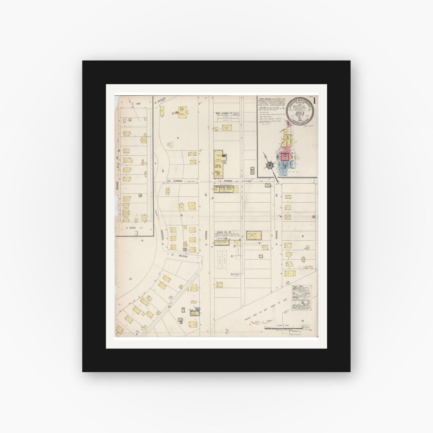 Old map wall art mockup — black gallery frame with white mat — Sanborn Fire Insurance Map from Brea, Orange County, California (1920) - Complete Map Set