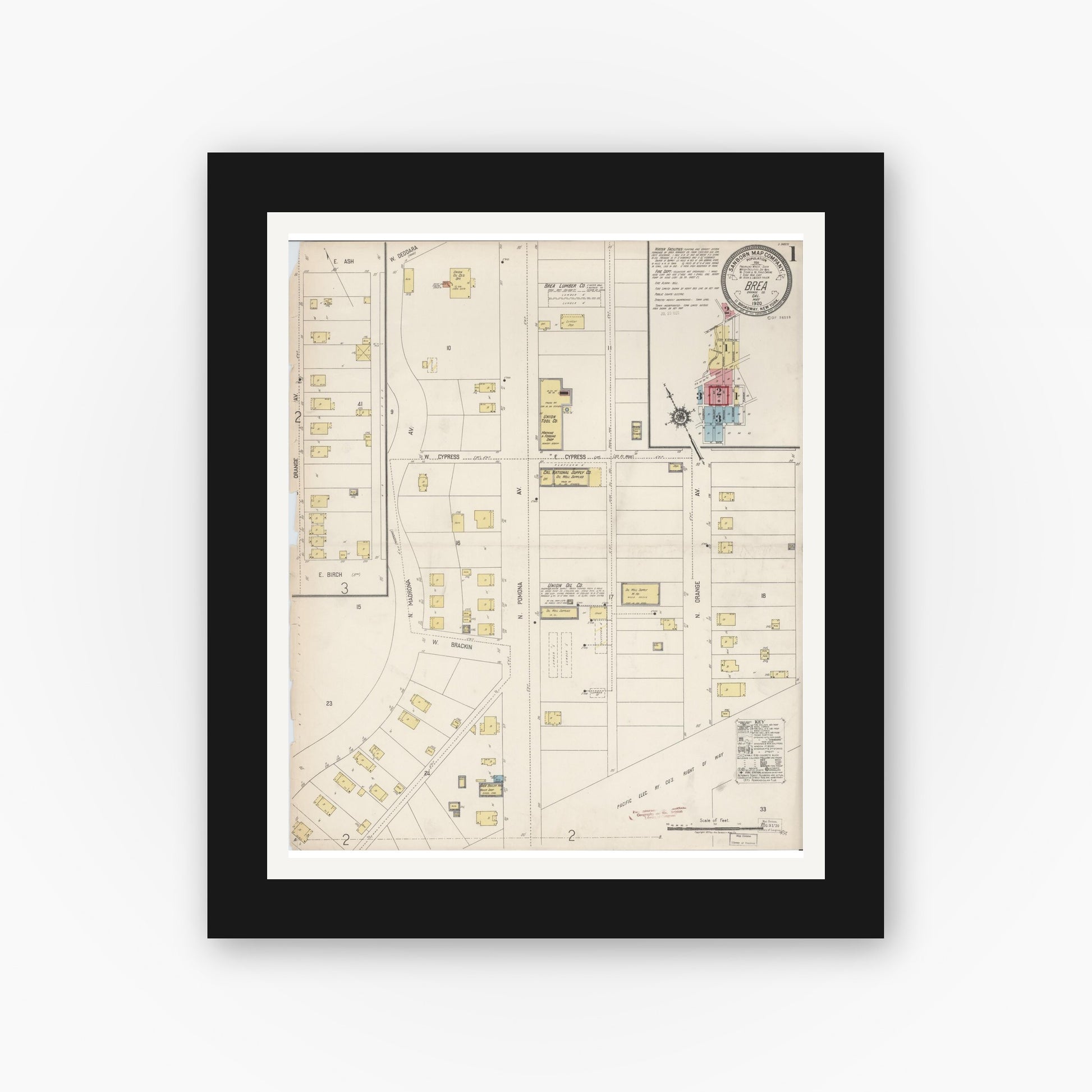 Old map wall art mockup — black gallery frame with white mat — Sanborn Fire Insurance Map from Brea, Orange County, California (1920) - Complete Map Set
