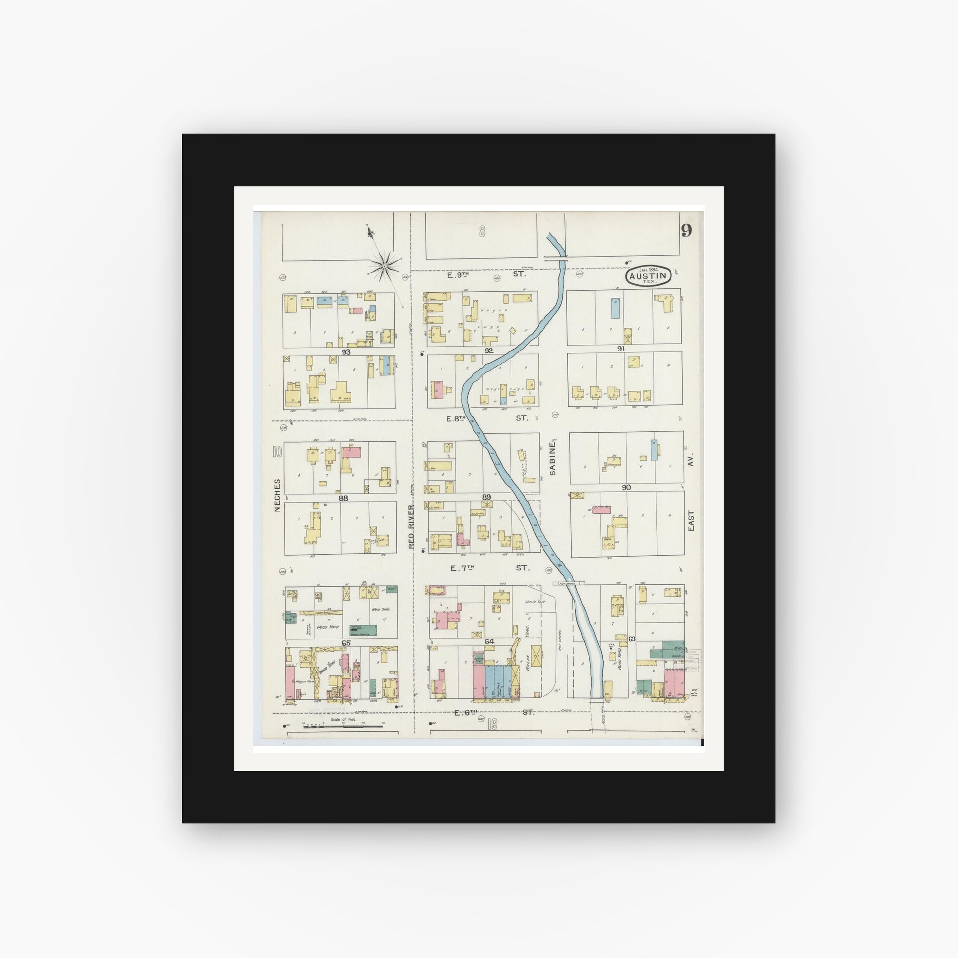 Old map wall art mockup — black gallery frame with white mat — Sanborn Fire Insurance Map from Austin, Travis County, Texas (1894), Sheet #0009